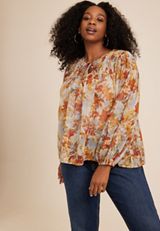 Plus Size Metallic Floral Blouson Sleeve Top, C1524, small