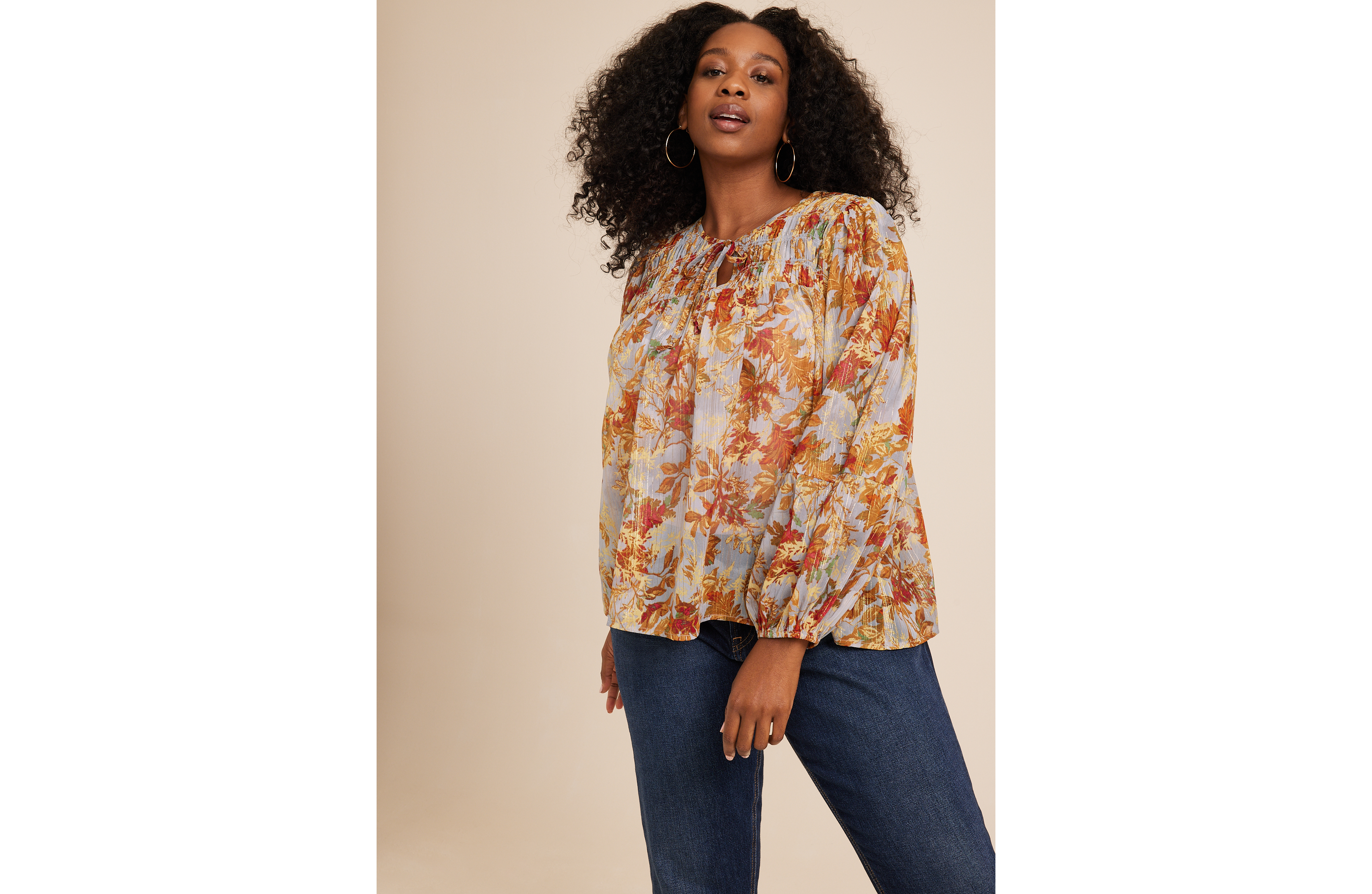 Plus Metallic Floral Blouson Sleeve Top