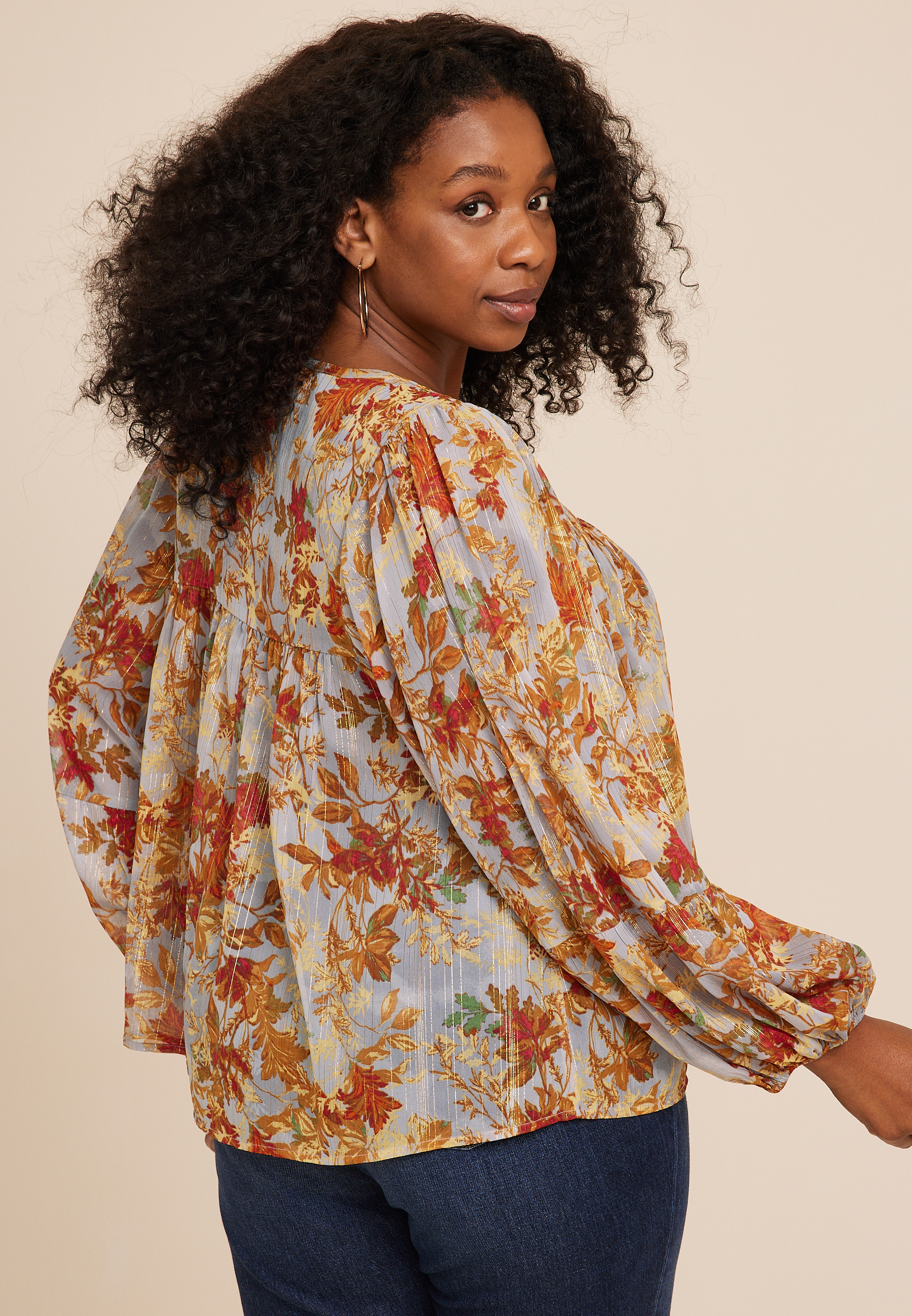Plus Size Metallic Floral Blouson Sleeve Top, C1524, large
