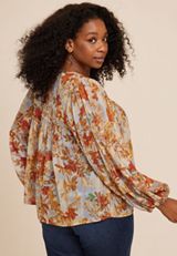 Plus Size Metallic Floral Blouson Sleeve Top, C1524, small