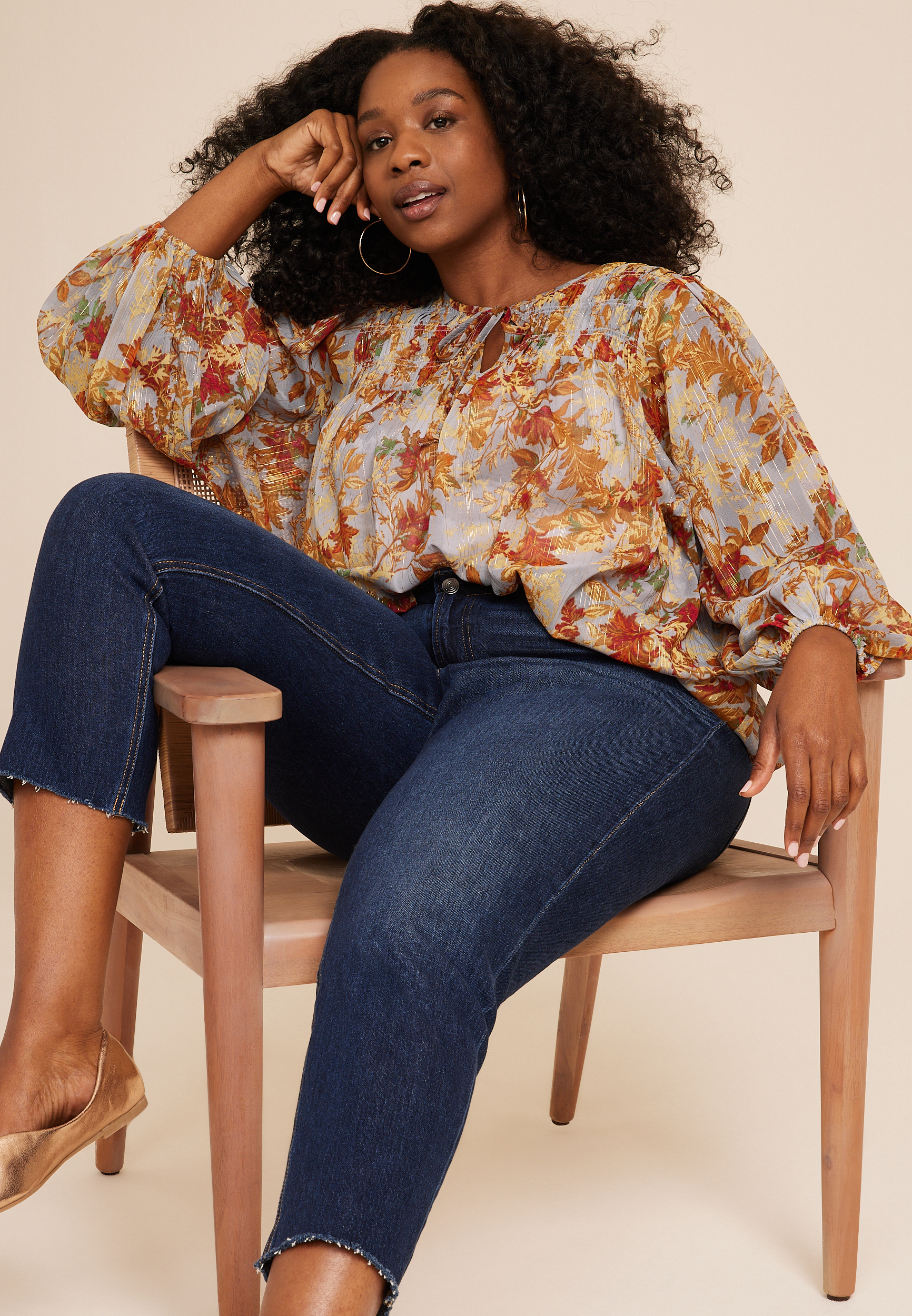 Plus Size Metallic Floral Blouson Sleeve Top, C1524, large