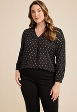 Plus Size Atwood Pleated Polka Dot Blouse, BLACK COMBO, small