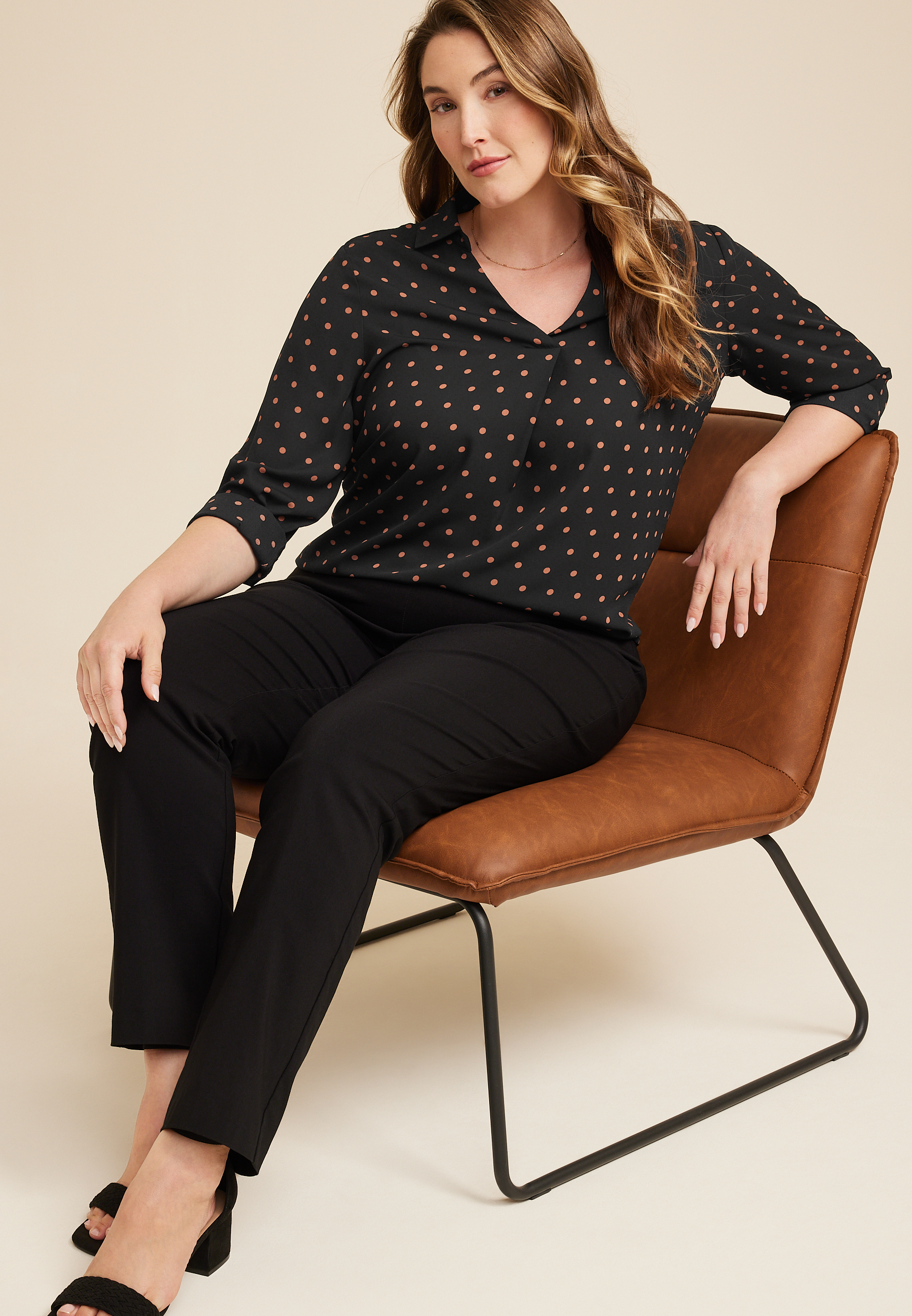 Plus Size Atwood Pleated Polka Dot Blouse, BLACK COMBO, large