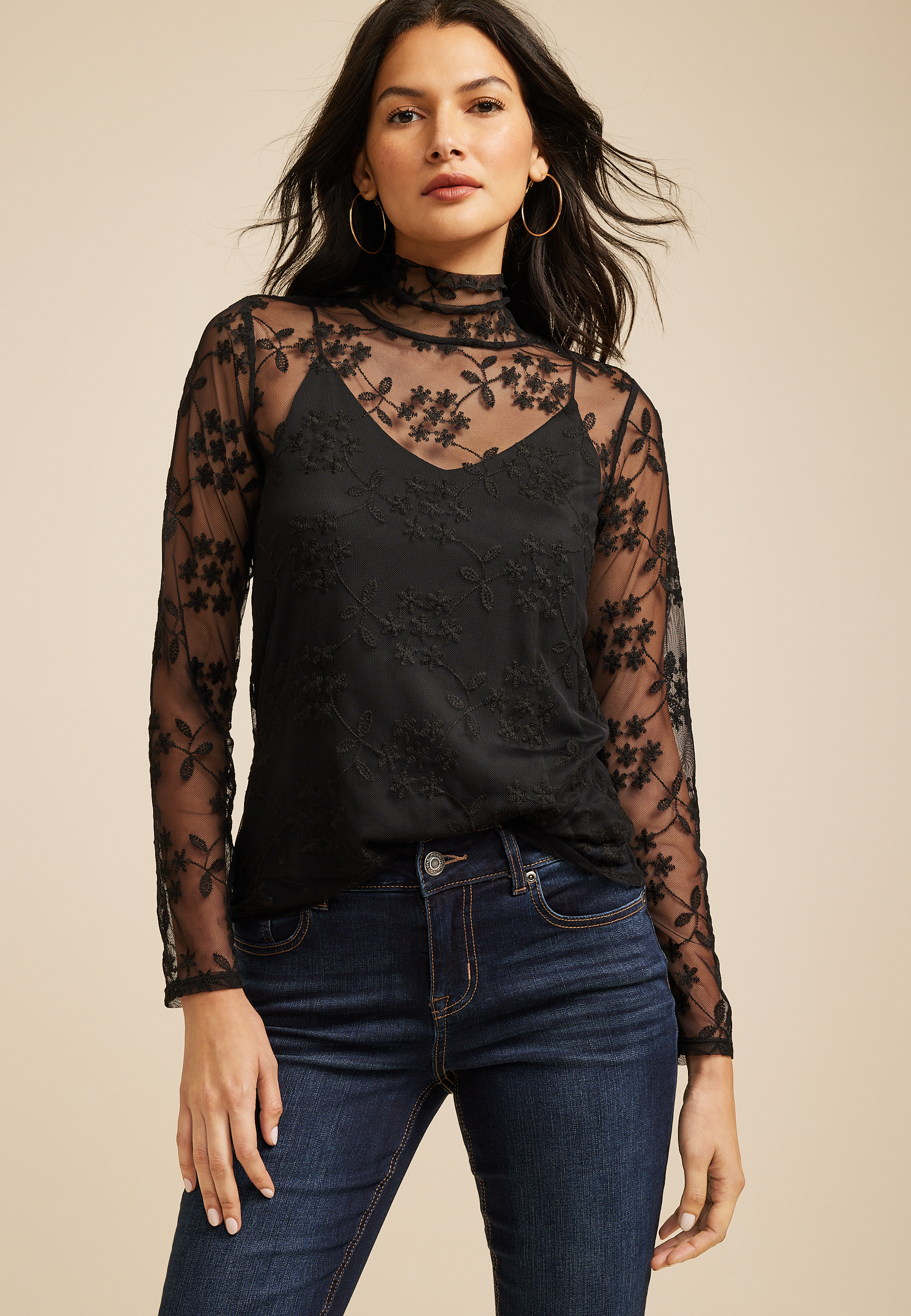 Floral Embroidered Mesh Mock Neck Top | maurices