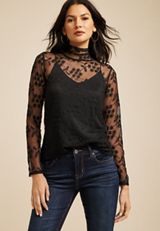 Floral Embroidered Mesh Mock Neck Top, BLACK, small