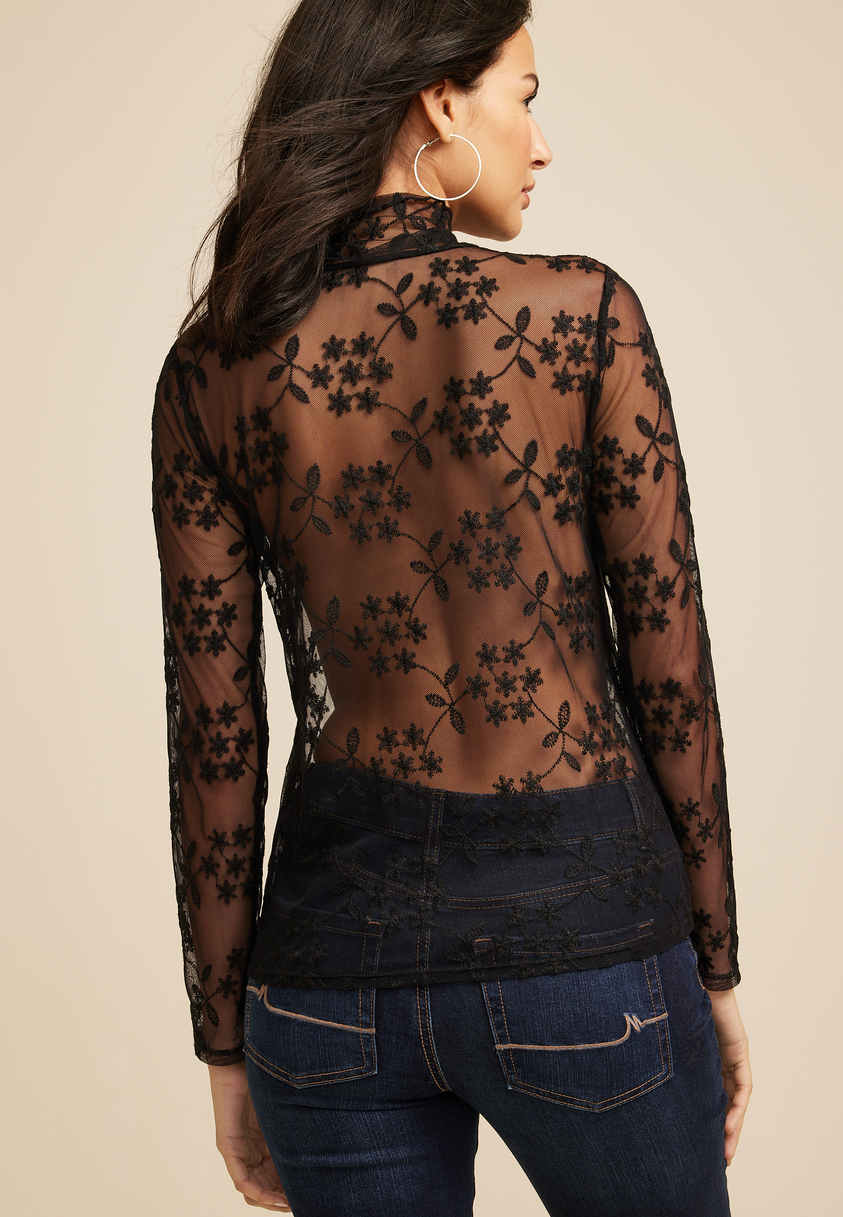 Floral Embroidered Mesh Mock Neck Top, BLACK, large