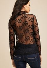 Floral Embroidered Mesh Mock Neck Top, BLACK, small