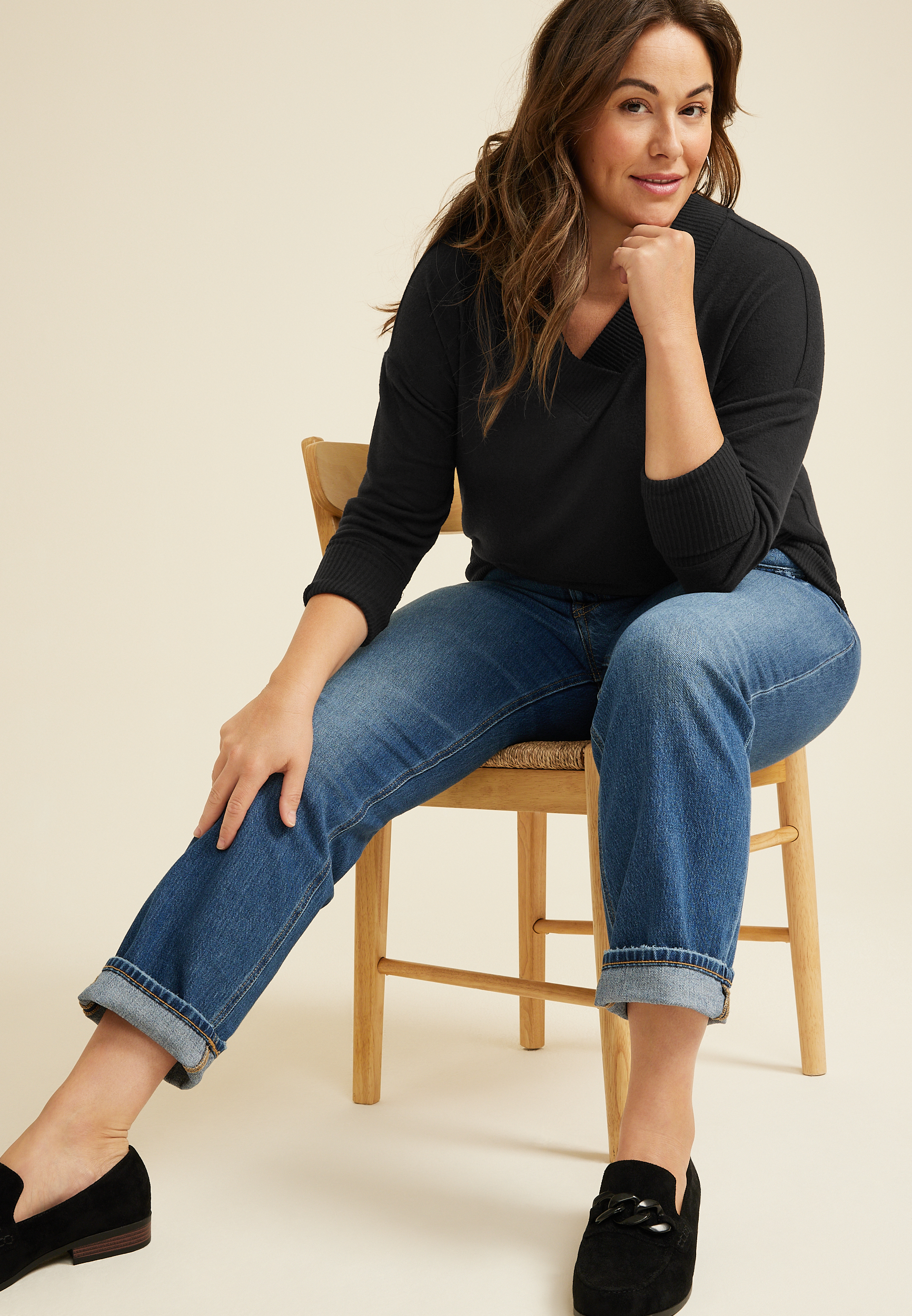 Plus Size Haven V Neck Top, BLACK, large