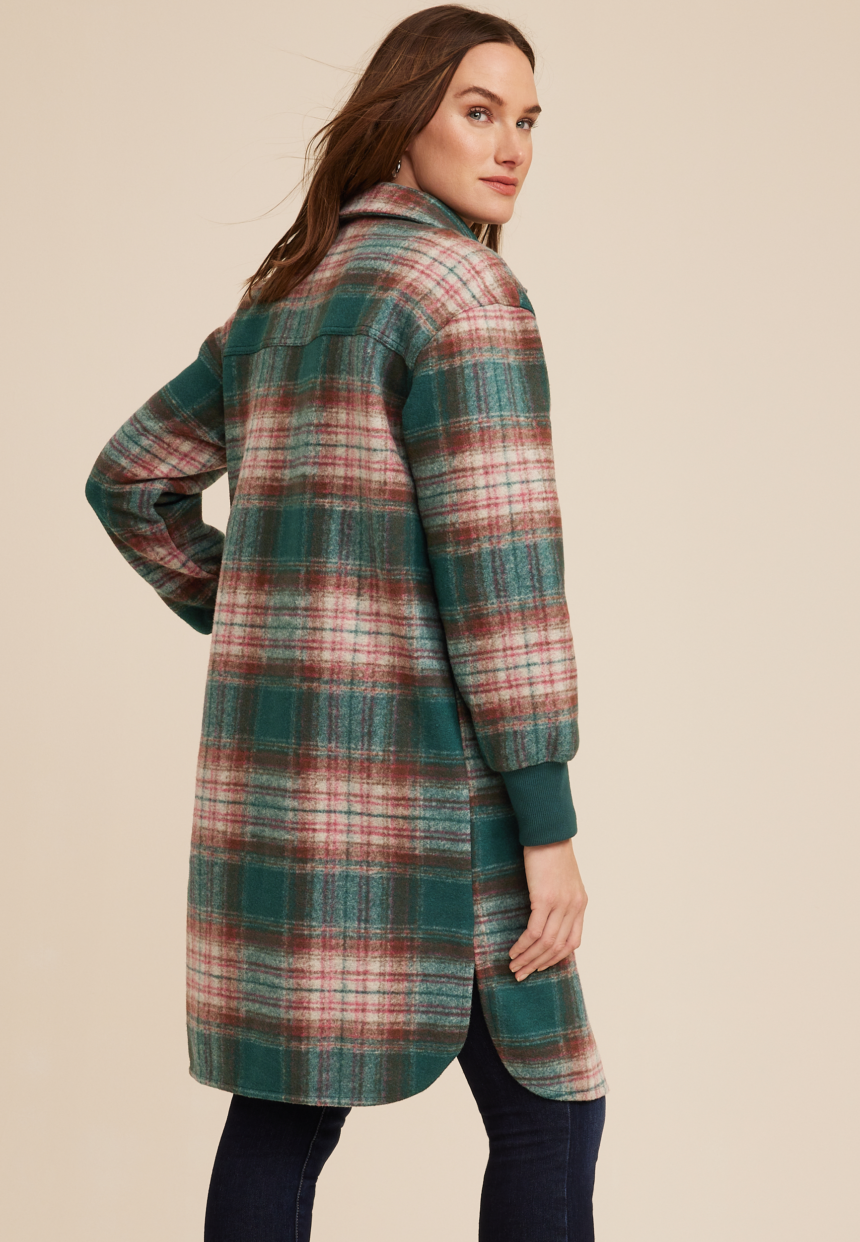 Green Plaid Longline Shacket, MULTI, large