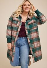 Plus Size Green Plaid Longline Shacket, C1524, small