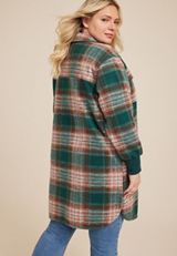 Plus Size Green Plaid Longline Shacket, C1524, small