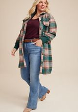 Plus Size Green Plaid Longline Shacket, C1524, small