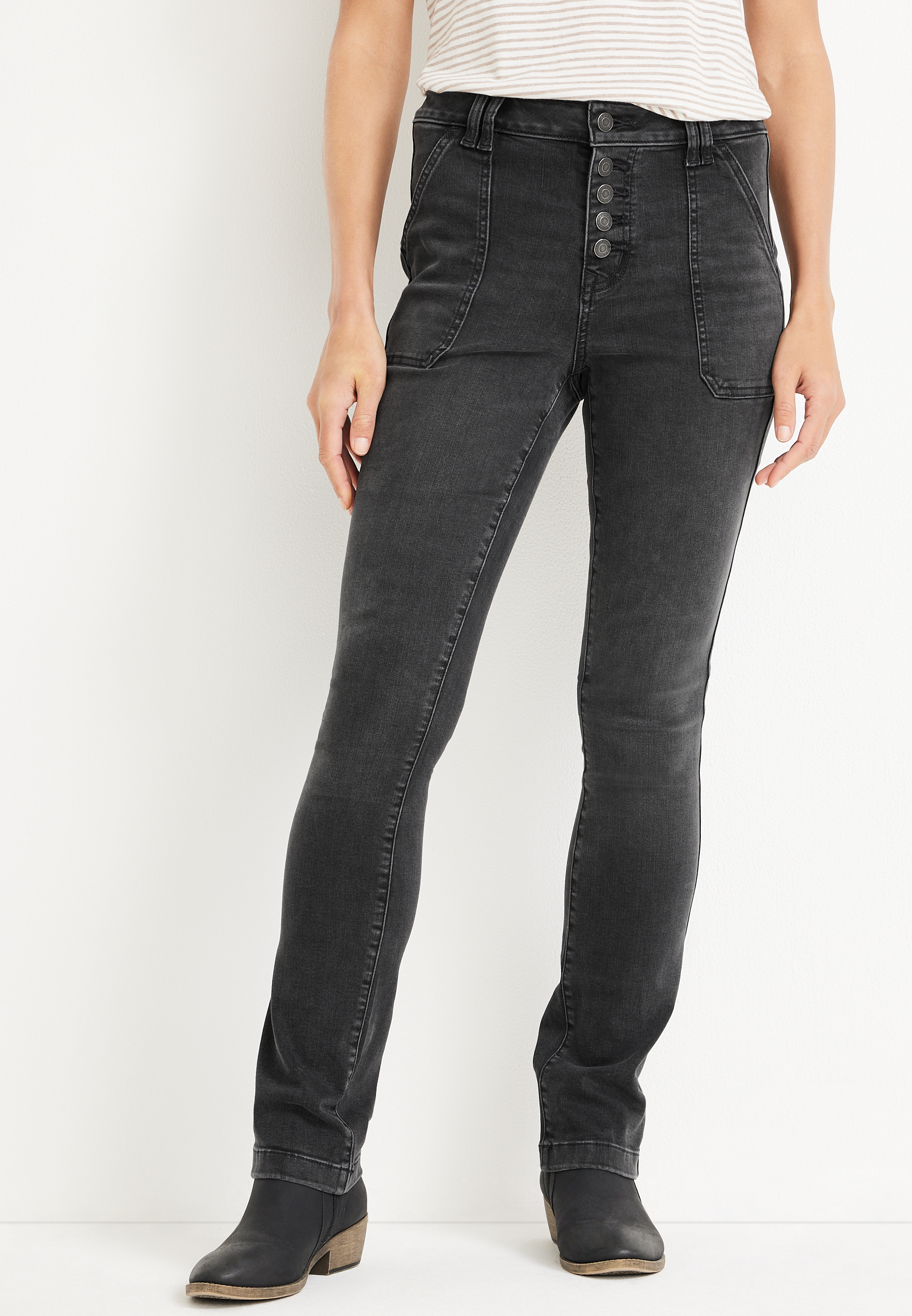 m jeans by maurices&trade; Black Barely There Bootcut High Rise Button Fly Jean, BLACK, large