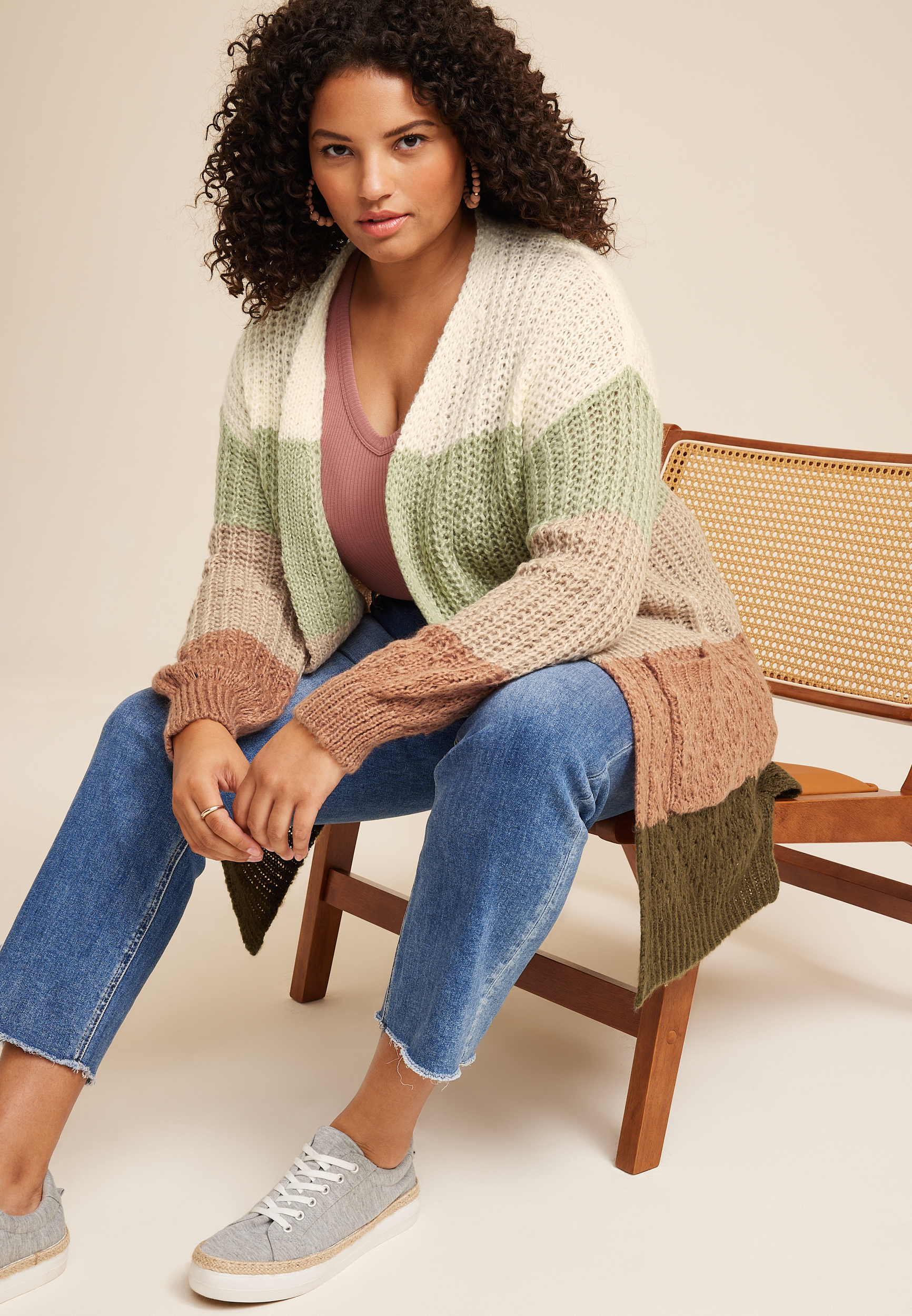 Plus Size Striped Chunky Knit Cardigan, C6093, large