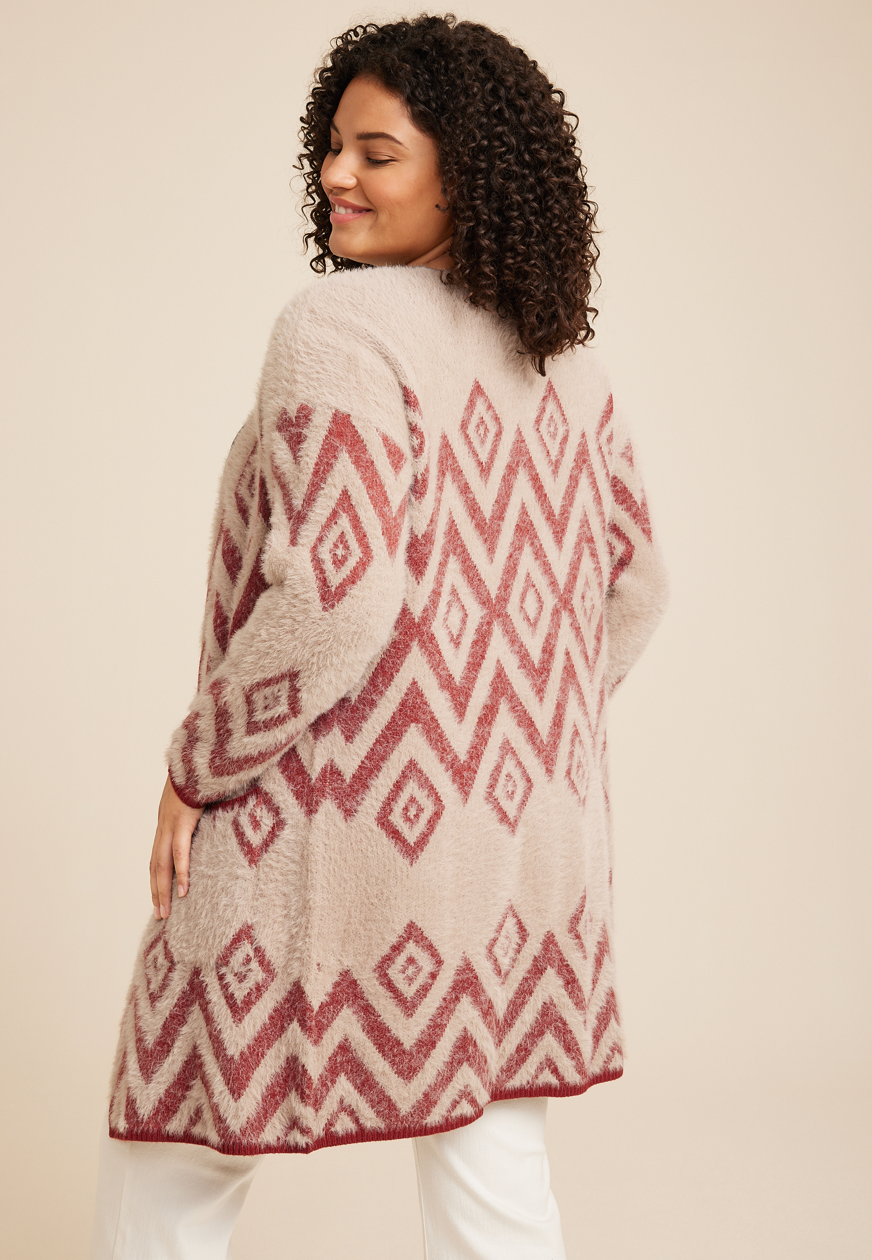 Plus Size Geo Print Eyelash Cardigan, C9081, large