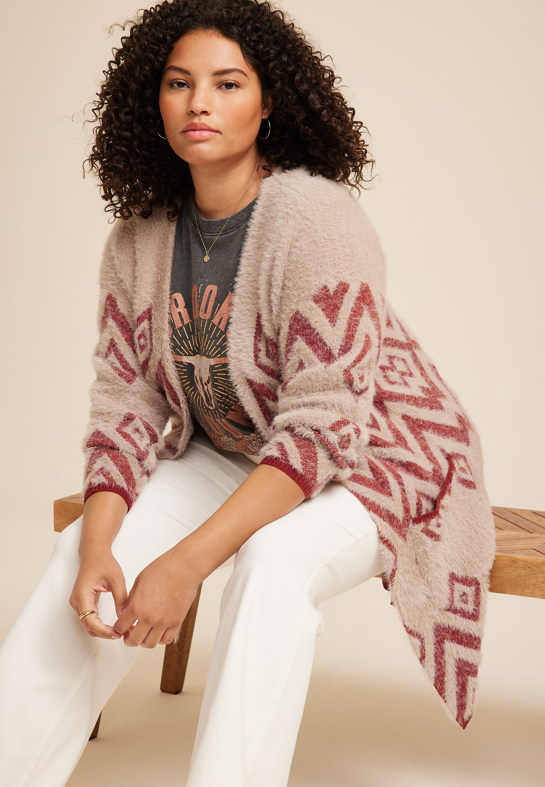 Plus Size Geo Print Eyelash Cardigan, C9081, large