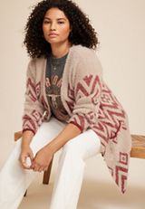 Plus Size Geo Print Eyelash Cardigan, C9081, small