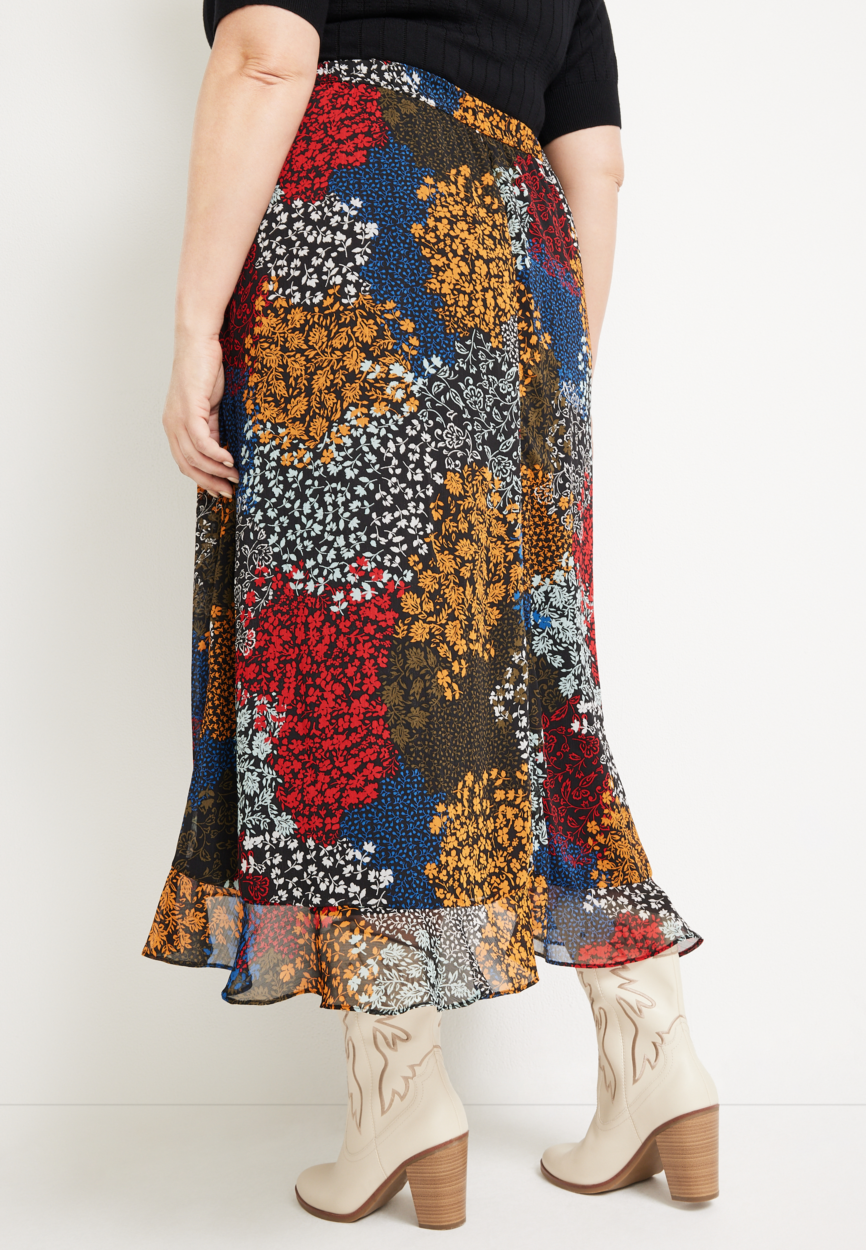 Plus Size High Rise Faux Wrap Maxi Skirt, MULTI, large