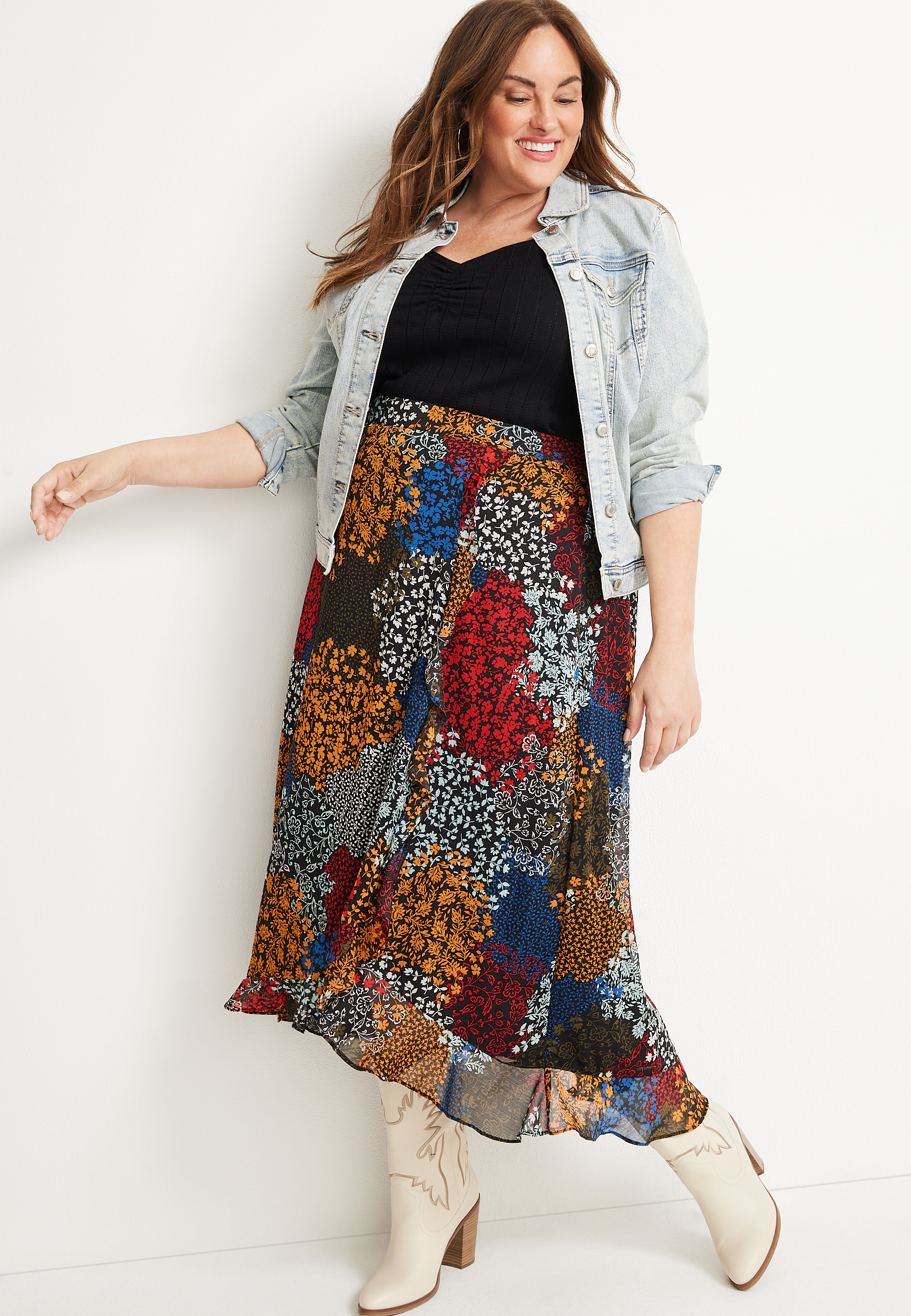 Plus Size High Rise Faux Wrap Maxi Skirt, MULTI, large