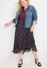 Plus Size High Rise Faux Wrap Maxi Skirt, NAVY COMBO, small