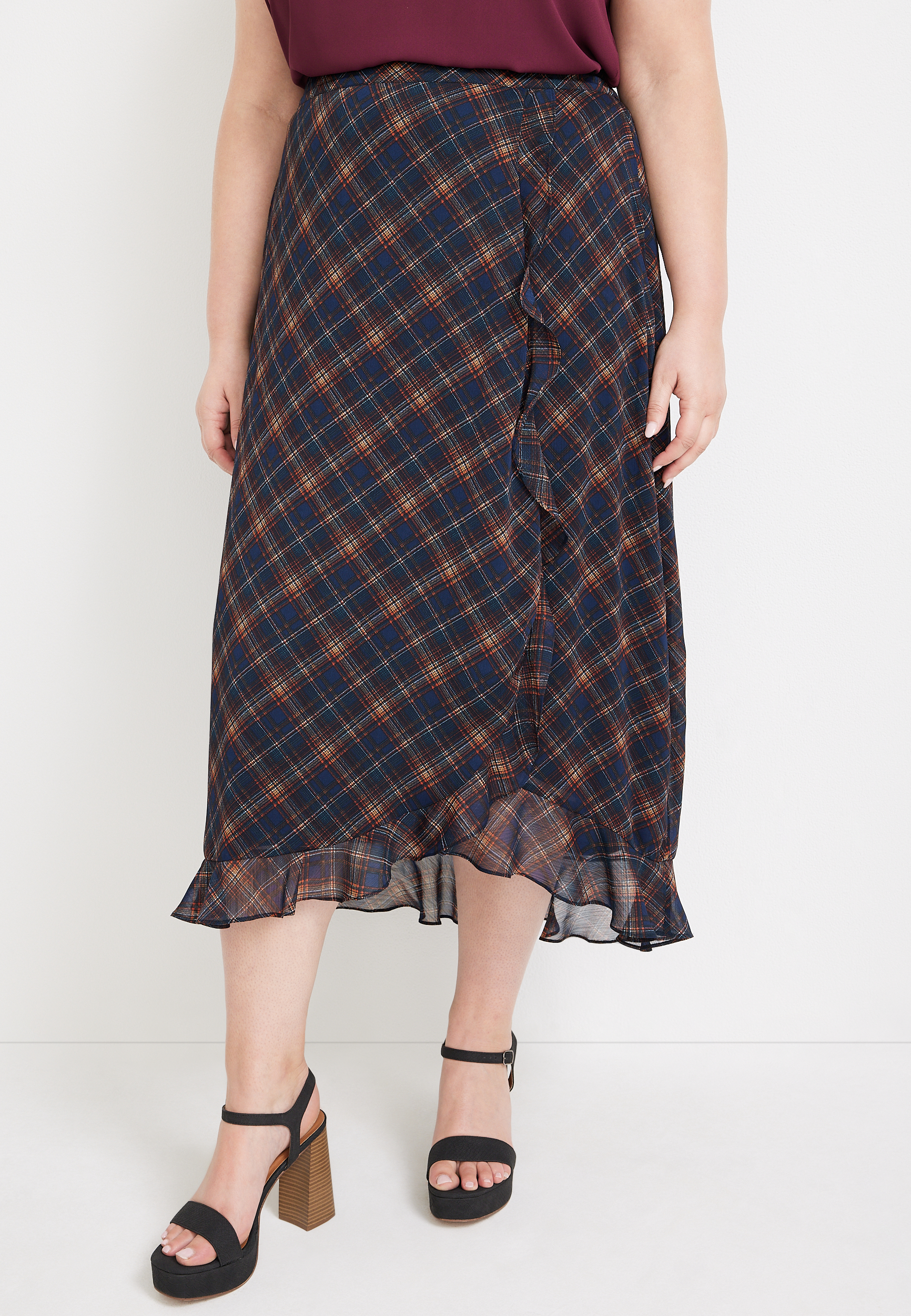 Plus Size High Rise Faux Wrap Maxi Skirt, NAVY COMBO, large