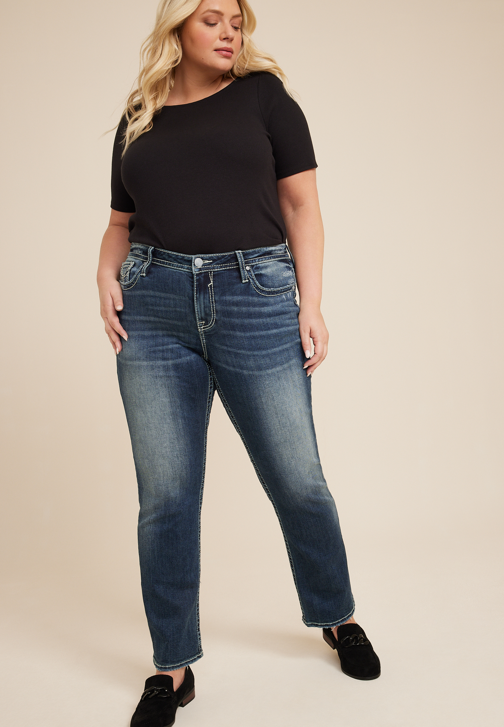 Plus Size Vigoss&reg; Slim Boot Embroidered Lotus Flower Pocket Mid Rise Jean, DARK SANDBLAST, large