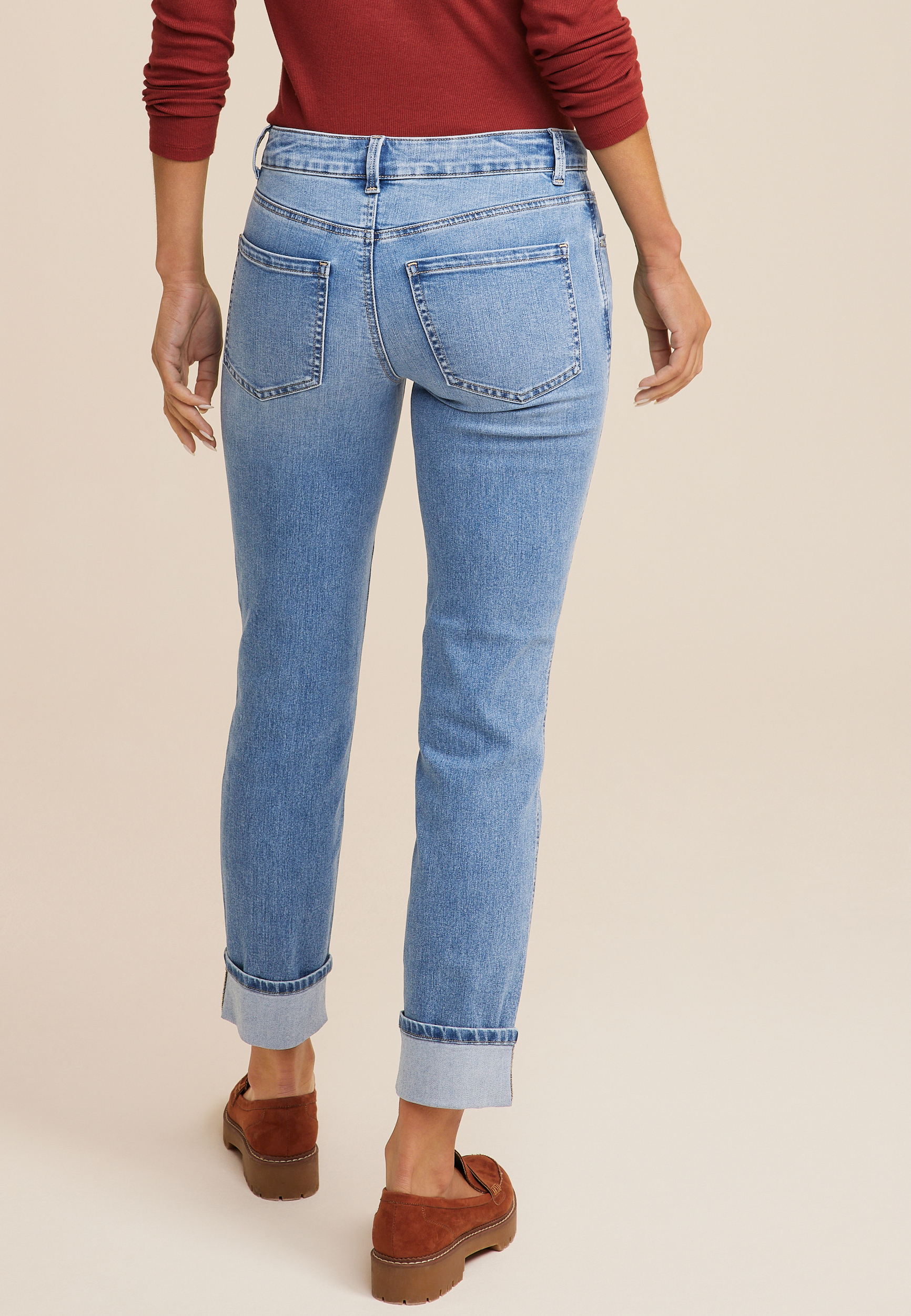 Everflex&trade; Straight Mid Rise Cuffed Hem Jean, MEDIUM SANDBLAST, large