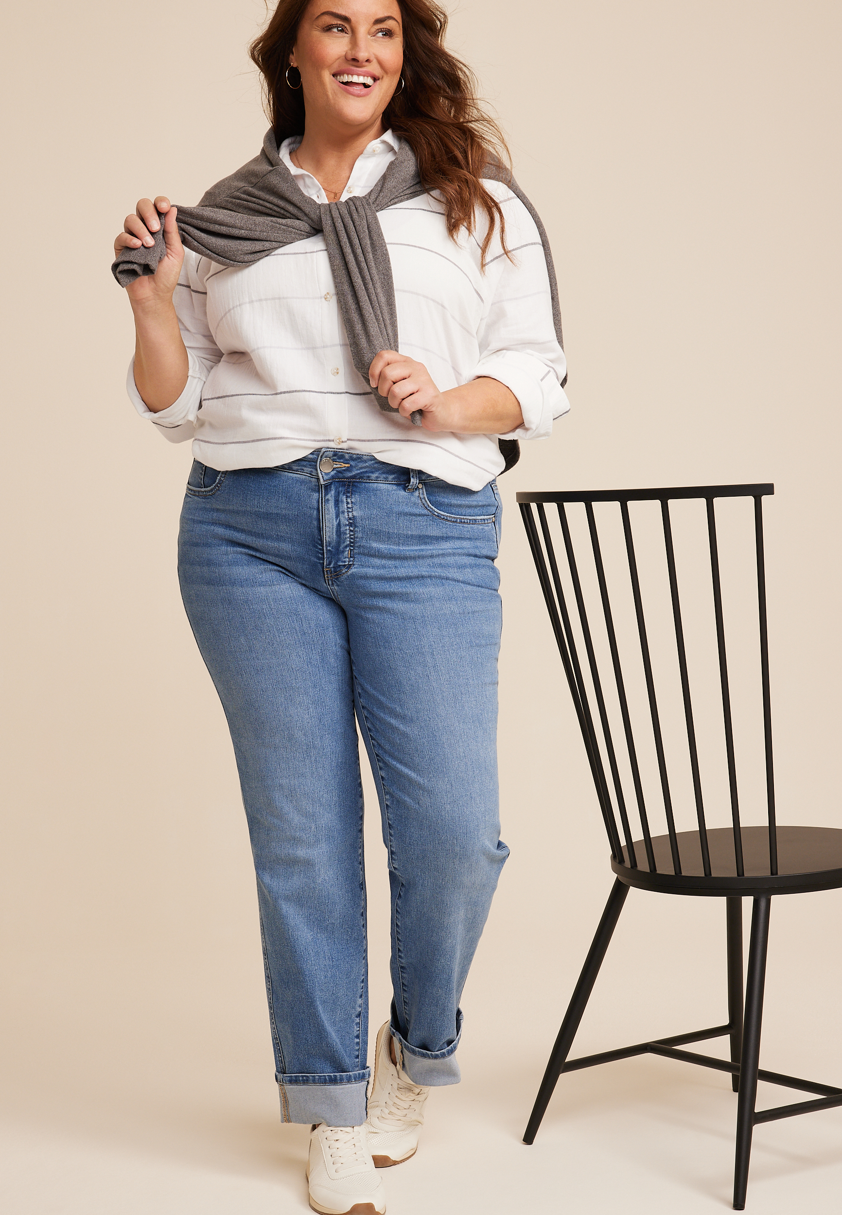 Plus Size Everflex&trade; Straight Mid Rise Cuffed Hem Jean, MEDIUM SANDBLAST, large