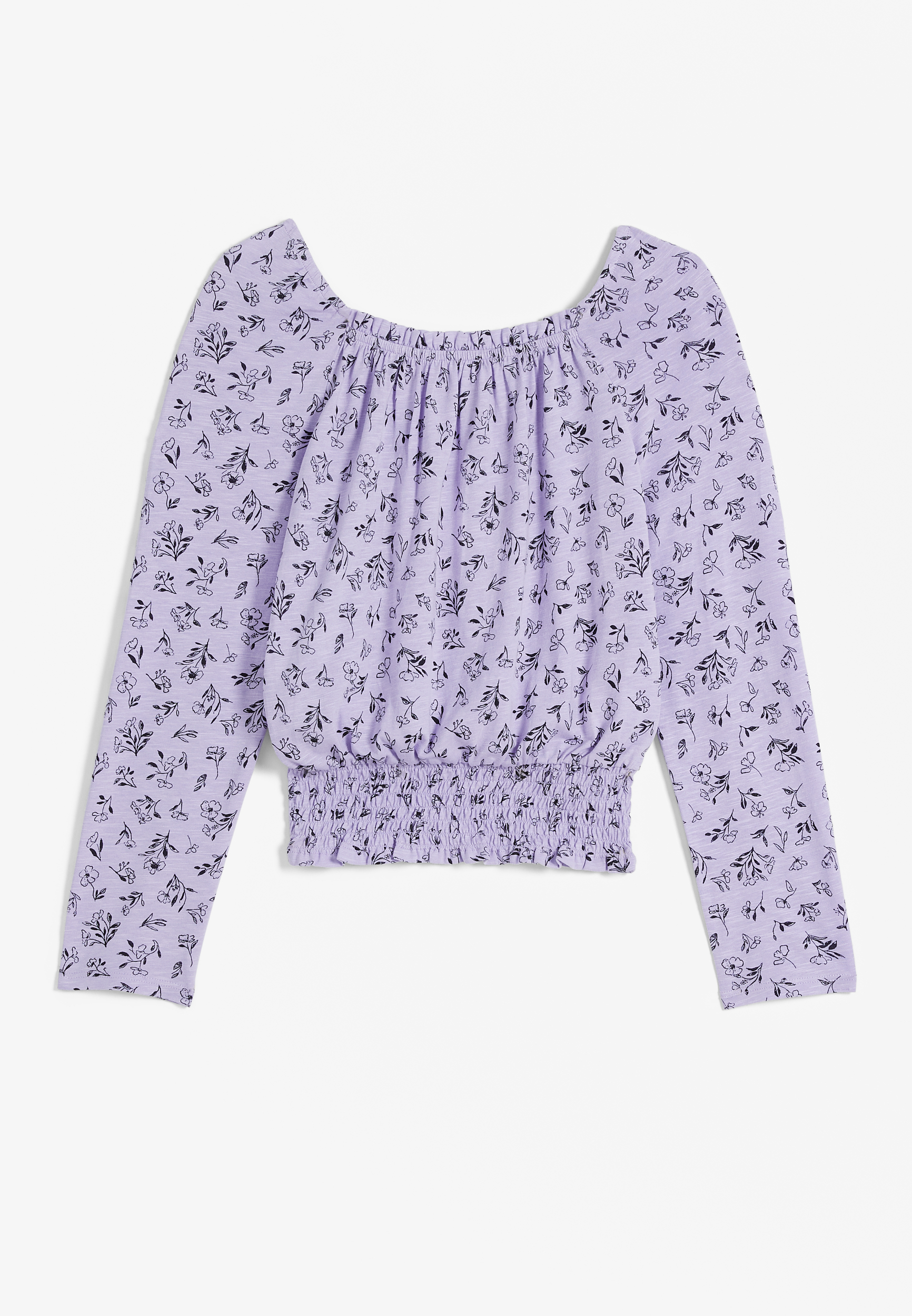 Girls Long Sleeve Smocked Waist Lavendar Floral Blouse