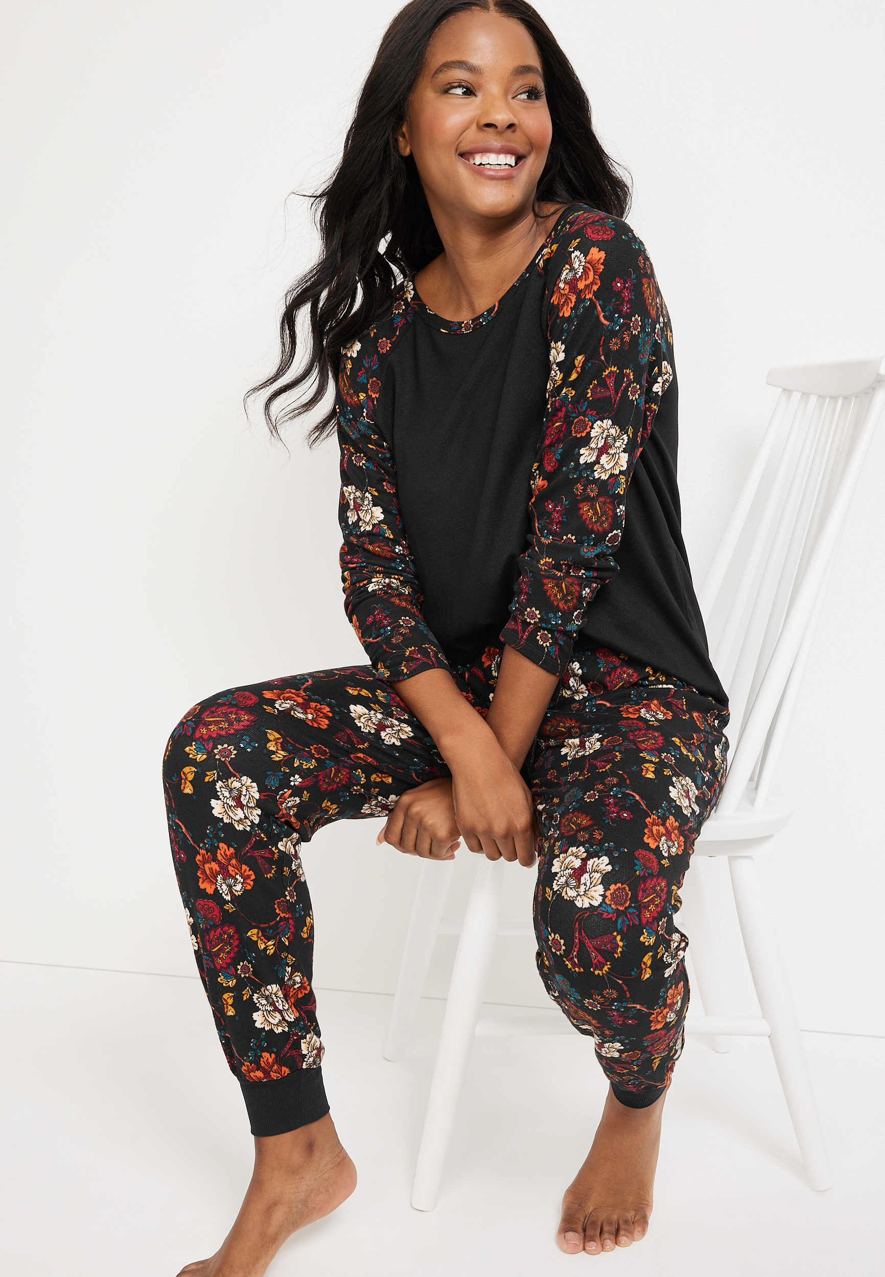 Floral Graphic Tee And Jogger Pajama Set, , large