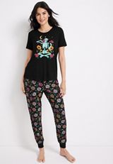 Floral Skeleton Graphic Tee And Jogger Pajama Set, , small