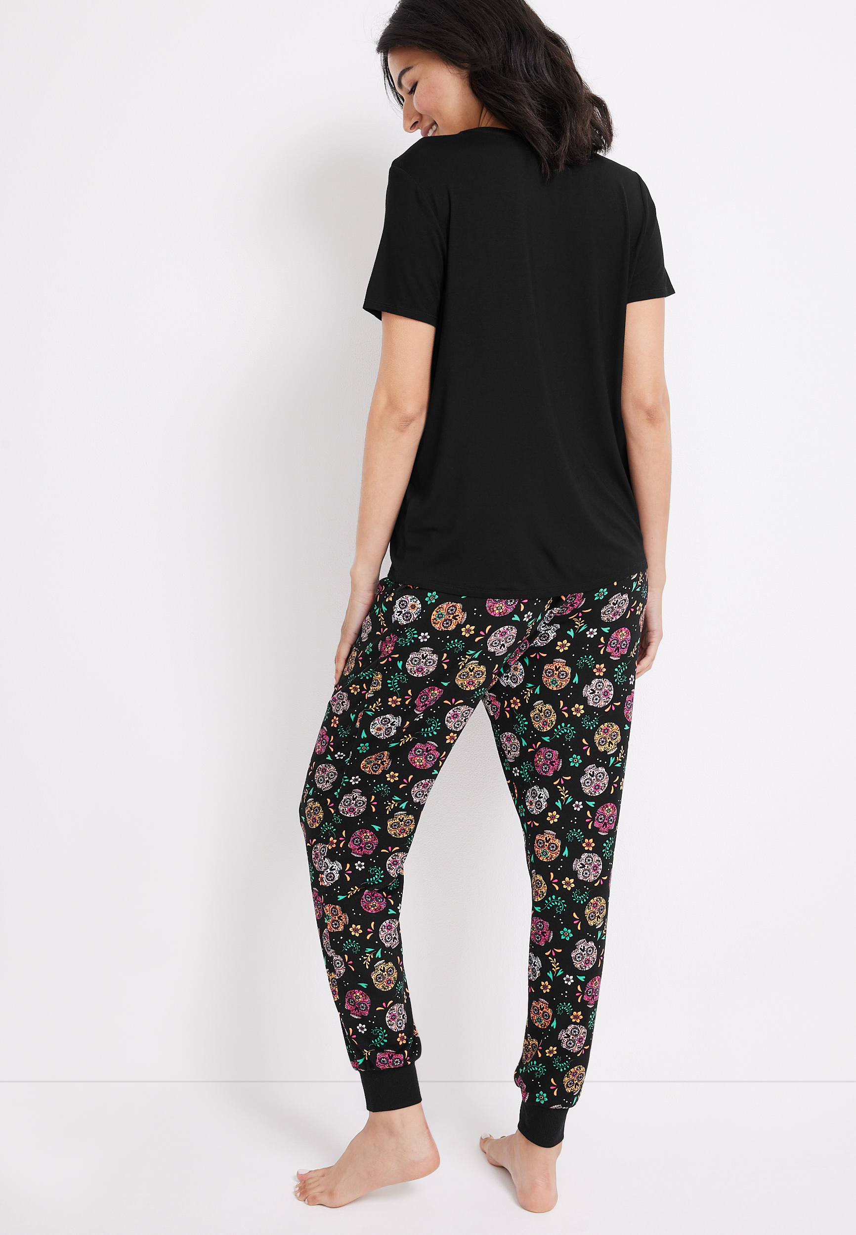 Floral Skeleton Graphic Tee And Jogger Pajama Set, , large