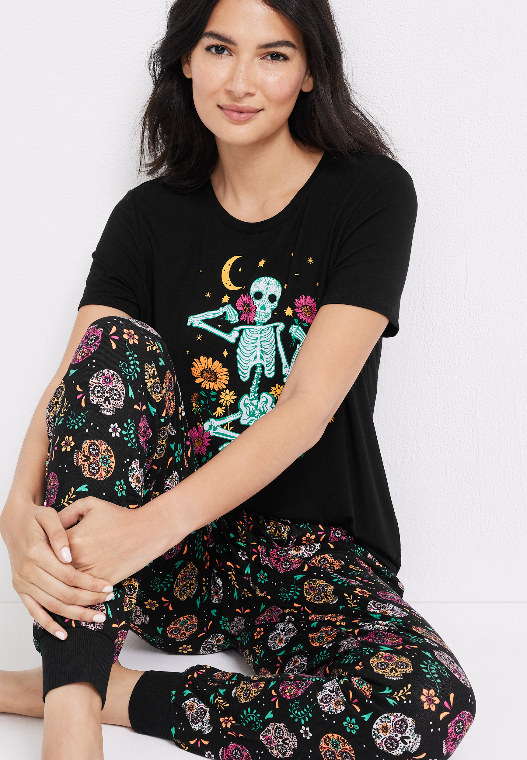 Floral Skeleton Graphic Tee And Jogger Pajama Set, , large