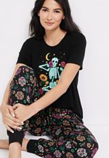 Floral Skeleton Graphic Tee And Jogger Pajama Set, , small