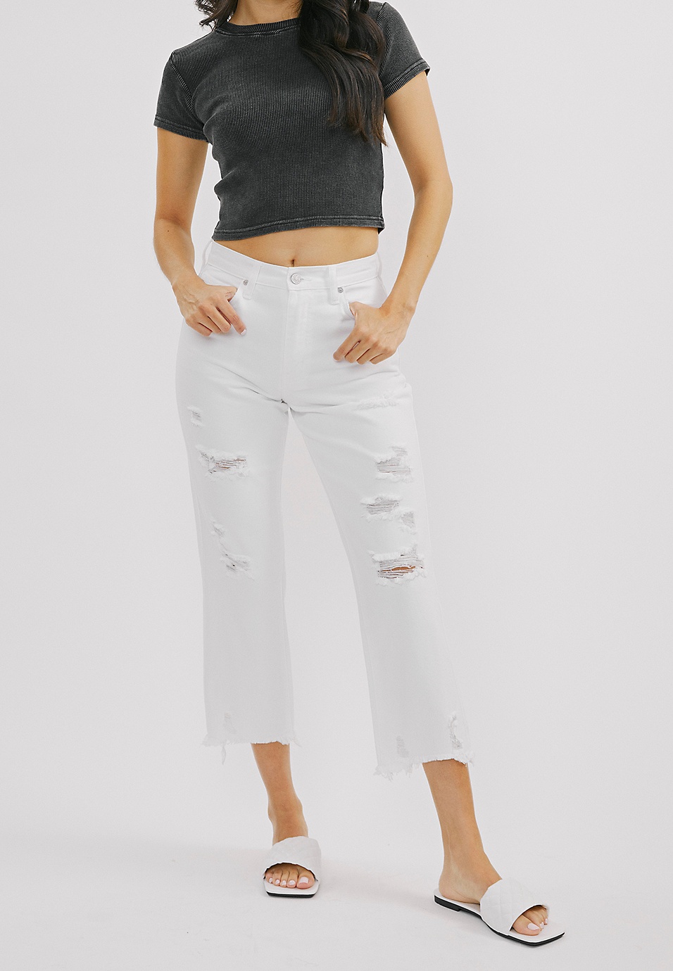 vedlægge punktum emne KanCan™ Straight Cropped Nonstretch High Rise Ripped White Jean | maurices