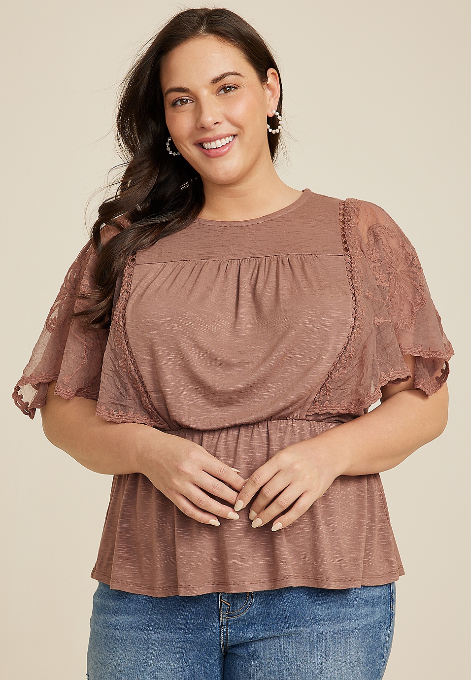 Plus Size Embroidered Floral Sleeve Peplum Blouse
