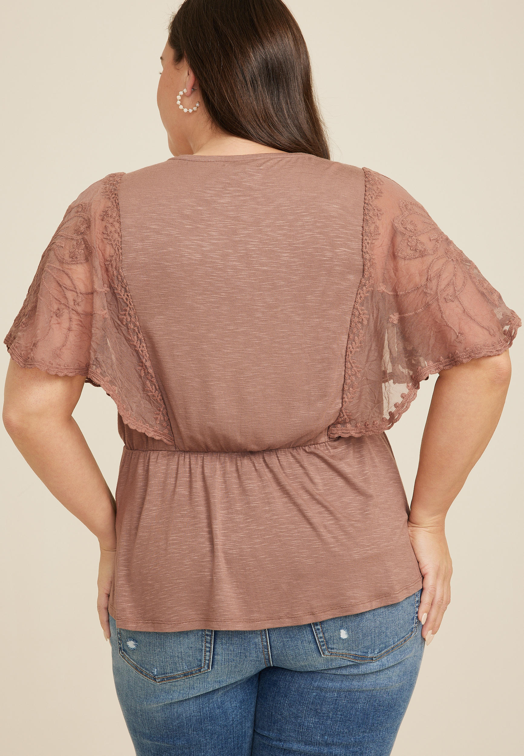 Plus Size Embroidered Floral Sleeve Peplum Blouse, C9350, large