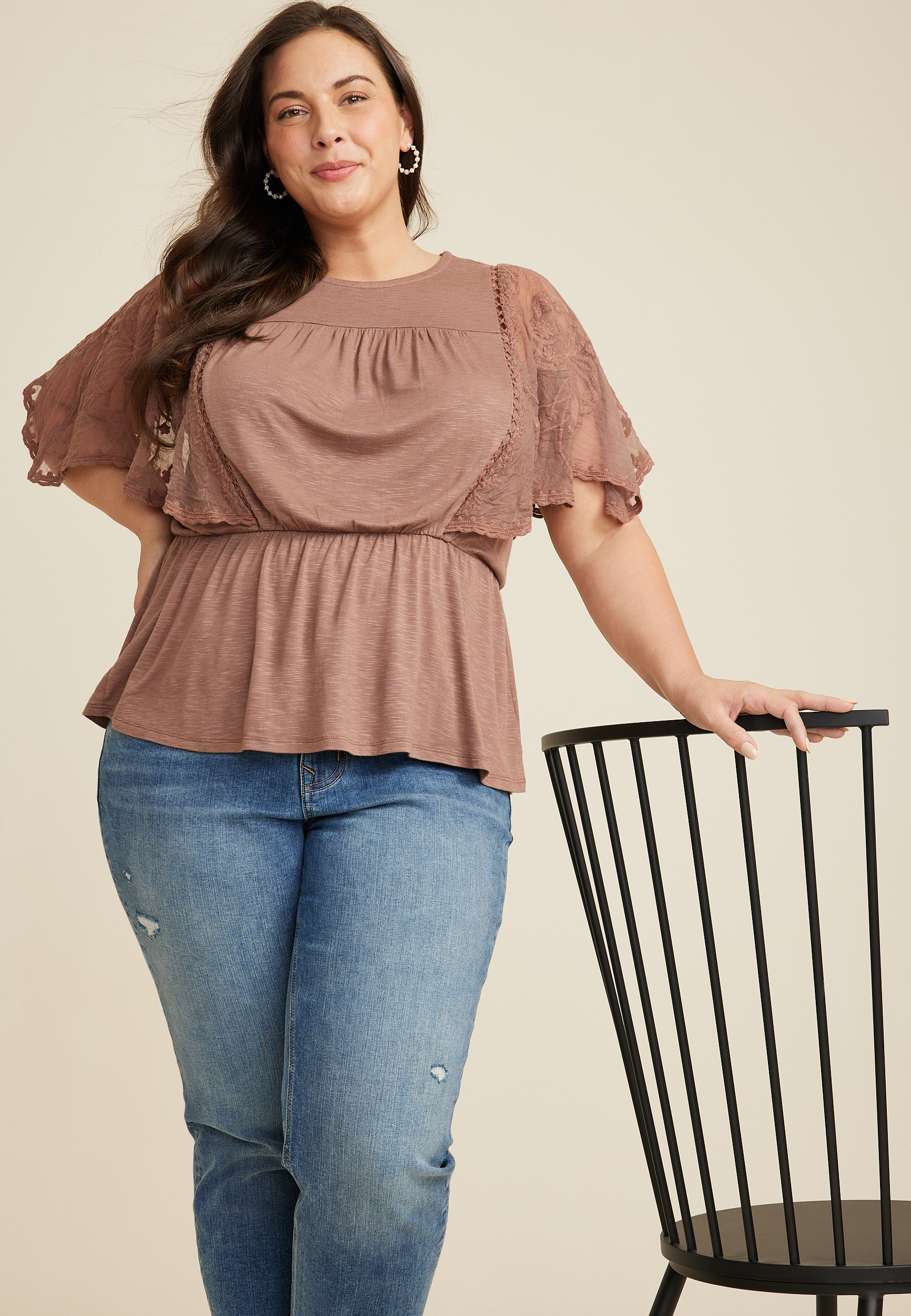 Plus Size Embroidered Floral Sleeve Peplum Blouse, C9350, large