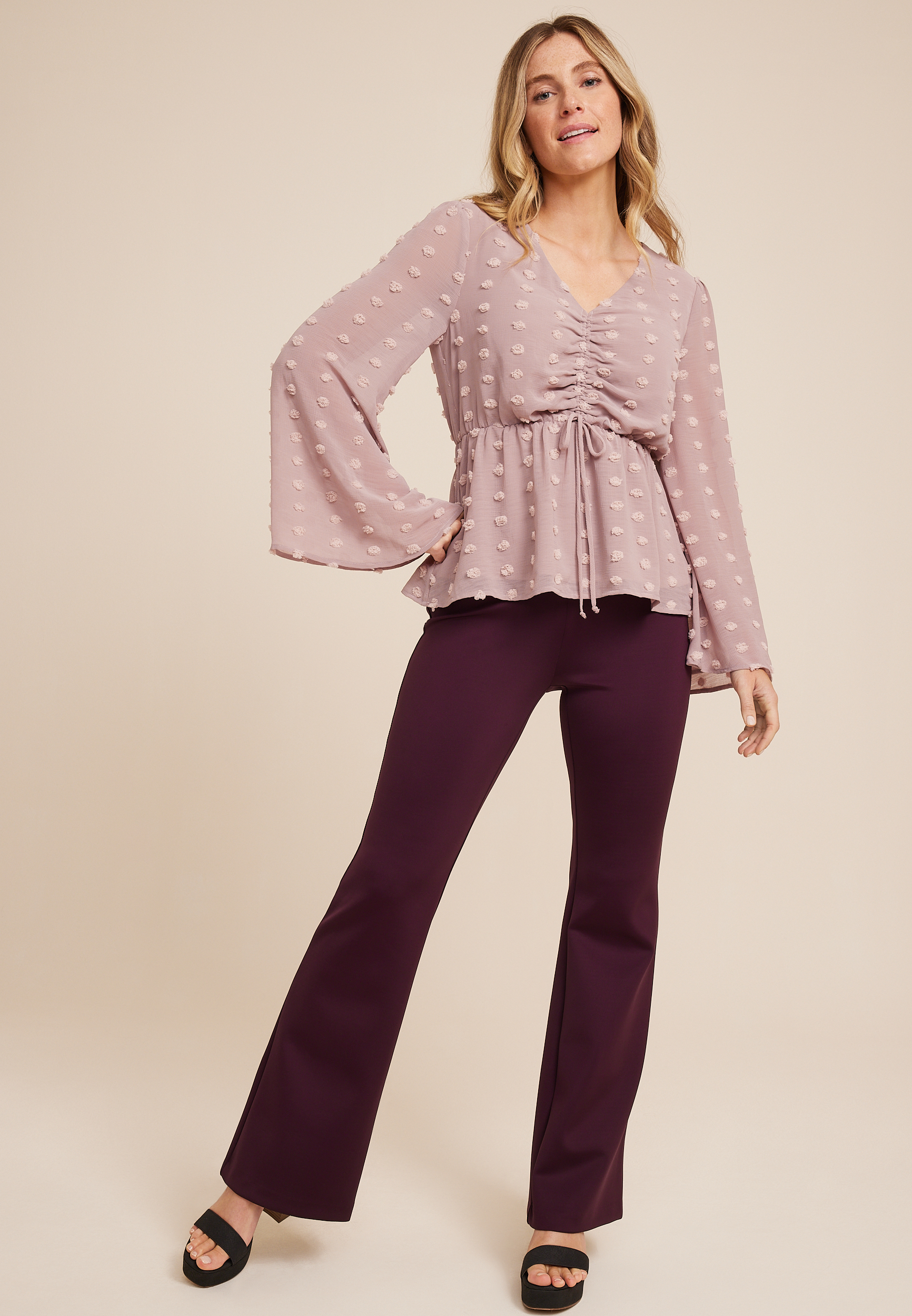 Clip Dot Cinched Front Peplum Blouse, COSMETIC MAUVE, large