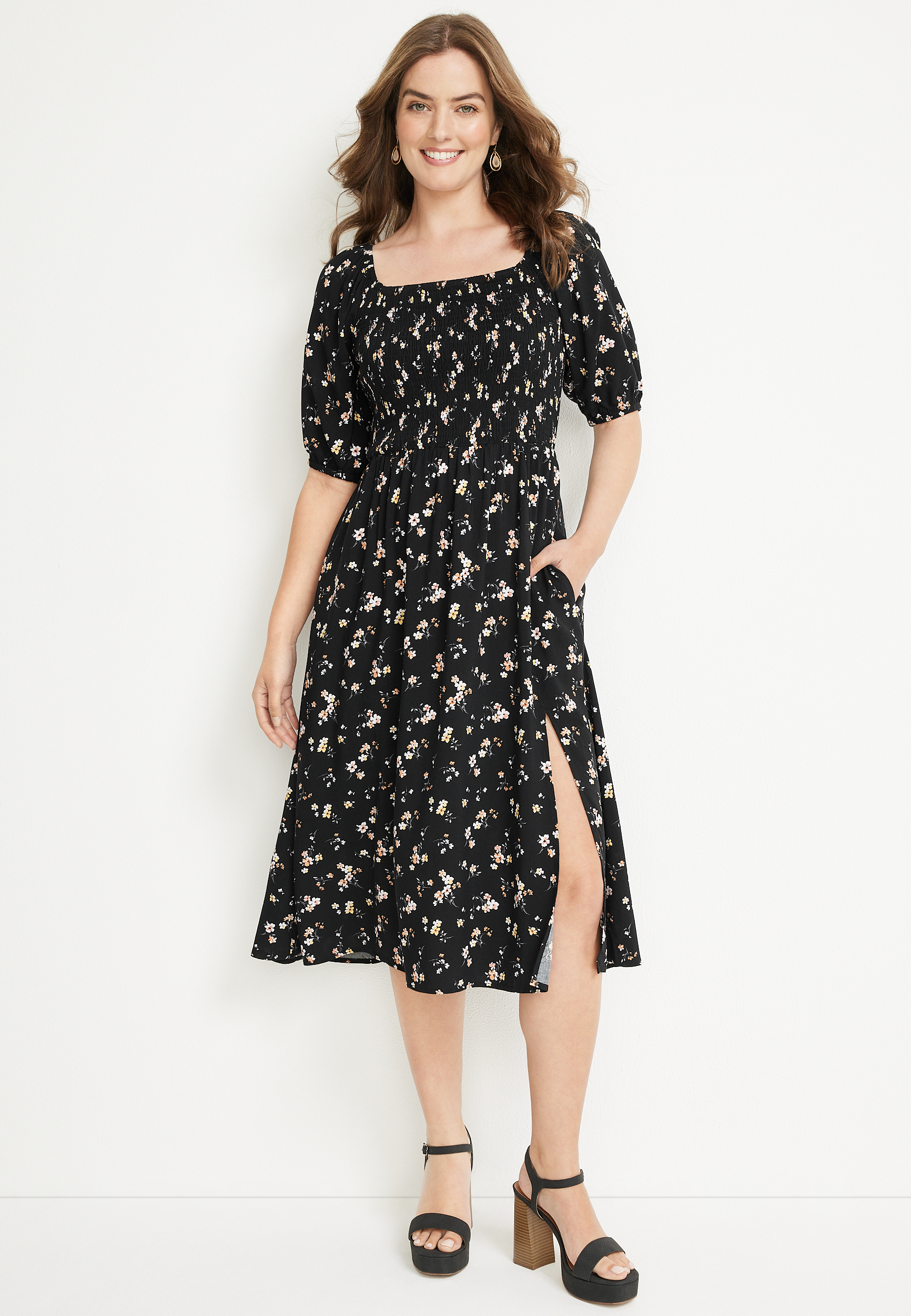 Floral Puff Sleeve Midi Dress | maurices
