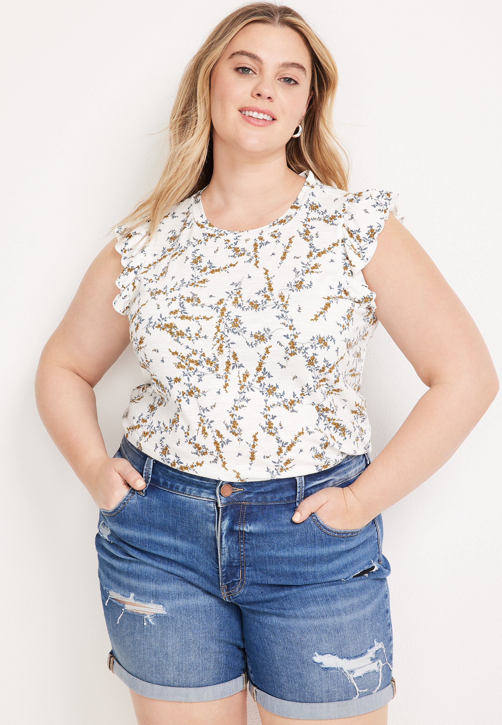 Plus Size Brookside Floral Ruffle Sleeve Tee | maurices