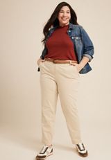 Plus Size Tapered High Rise Belted Chino Pant, KHAKI, small