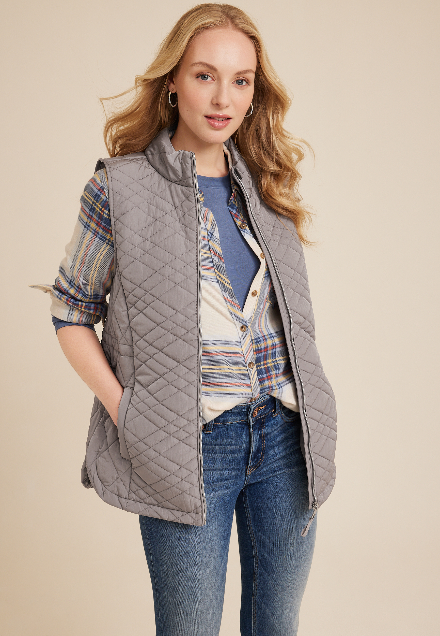 Gray Diamond Quilted Puffer Vest | maurices