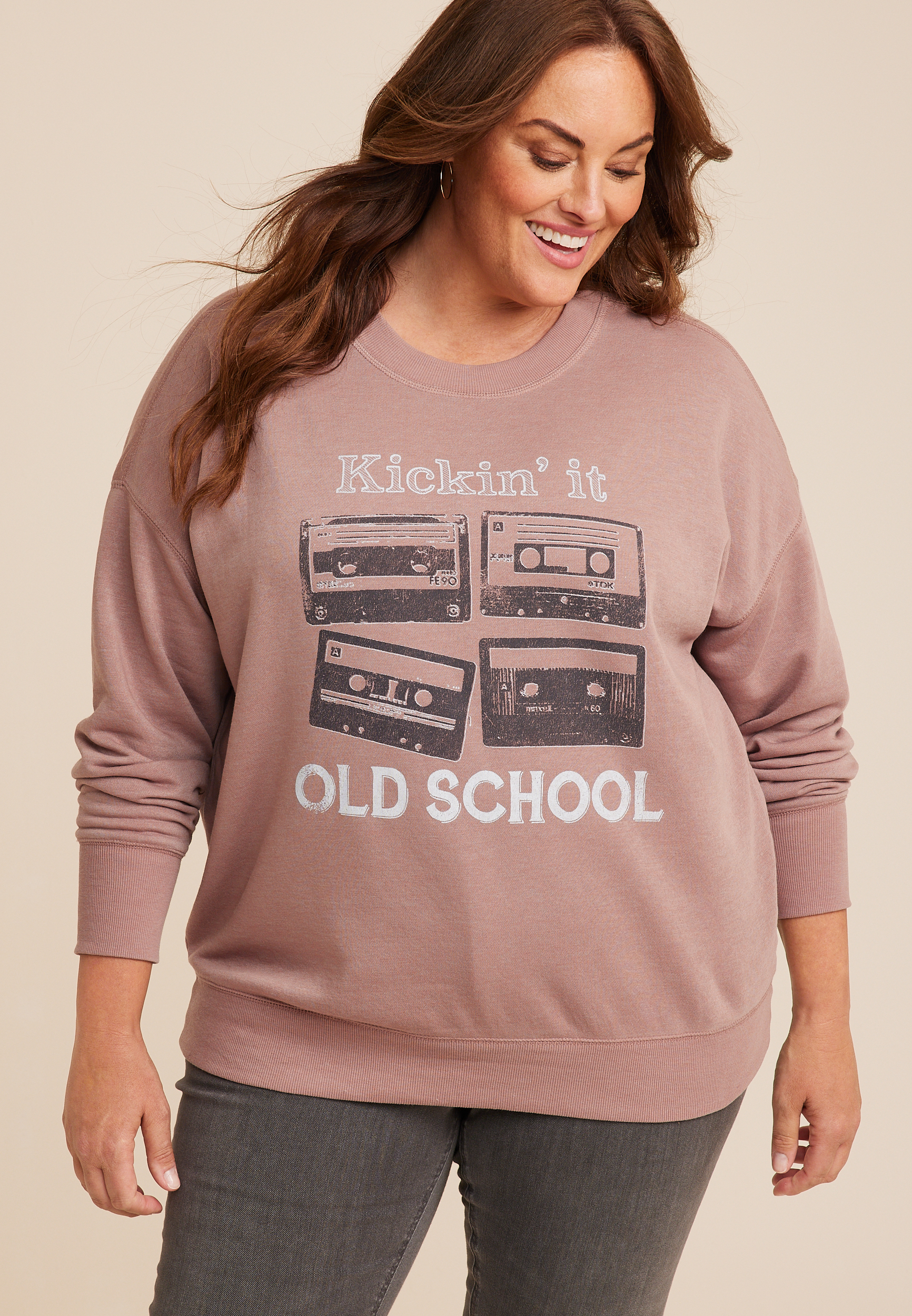 Plus Size Kickin It Old School Sweatshirt, BURLWOOD, large