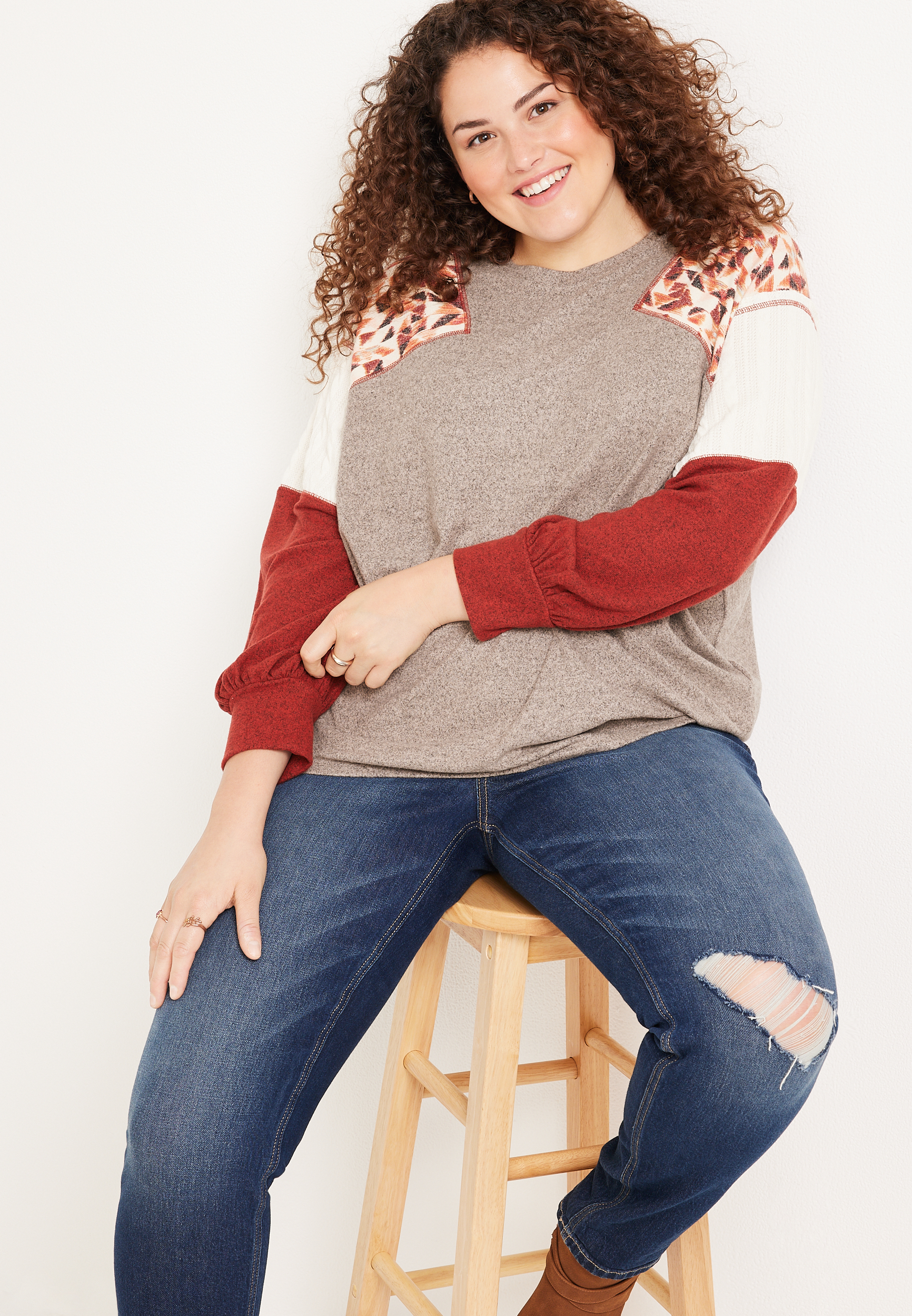 Plus Size Patchwork Sleeve Mixer Tee, C4960, large