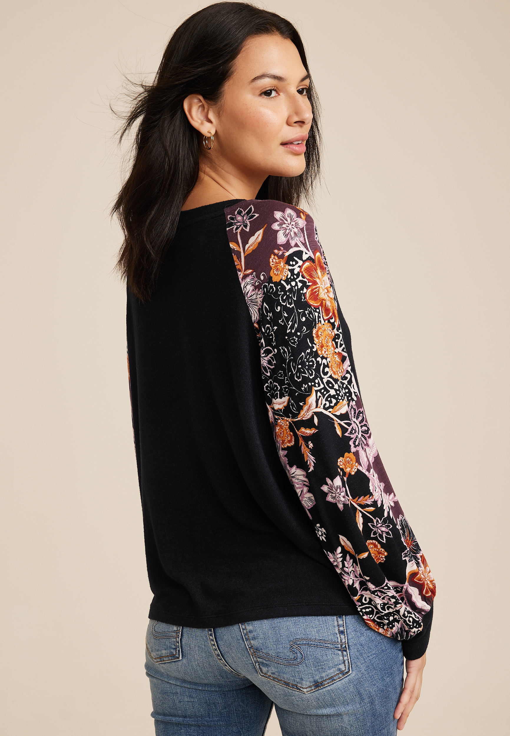 Floral Sleeve Mixer Tee, BLACK COMBO, large
