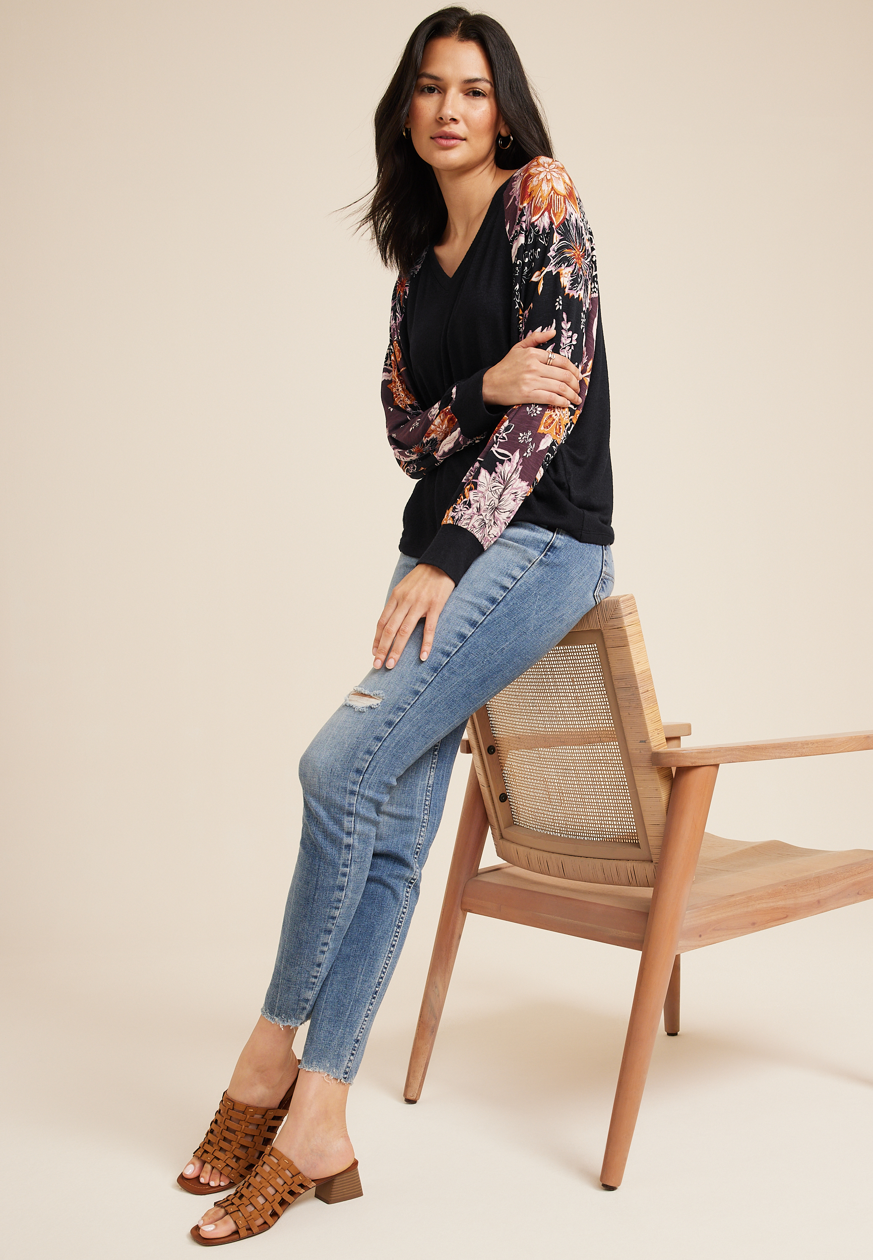 Floral Sleeve Mixer Tee, BLACK COMBO, large