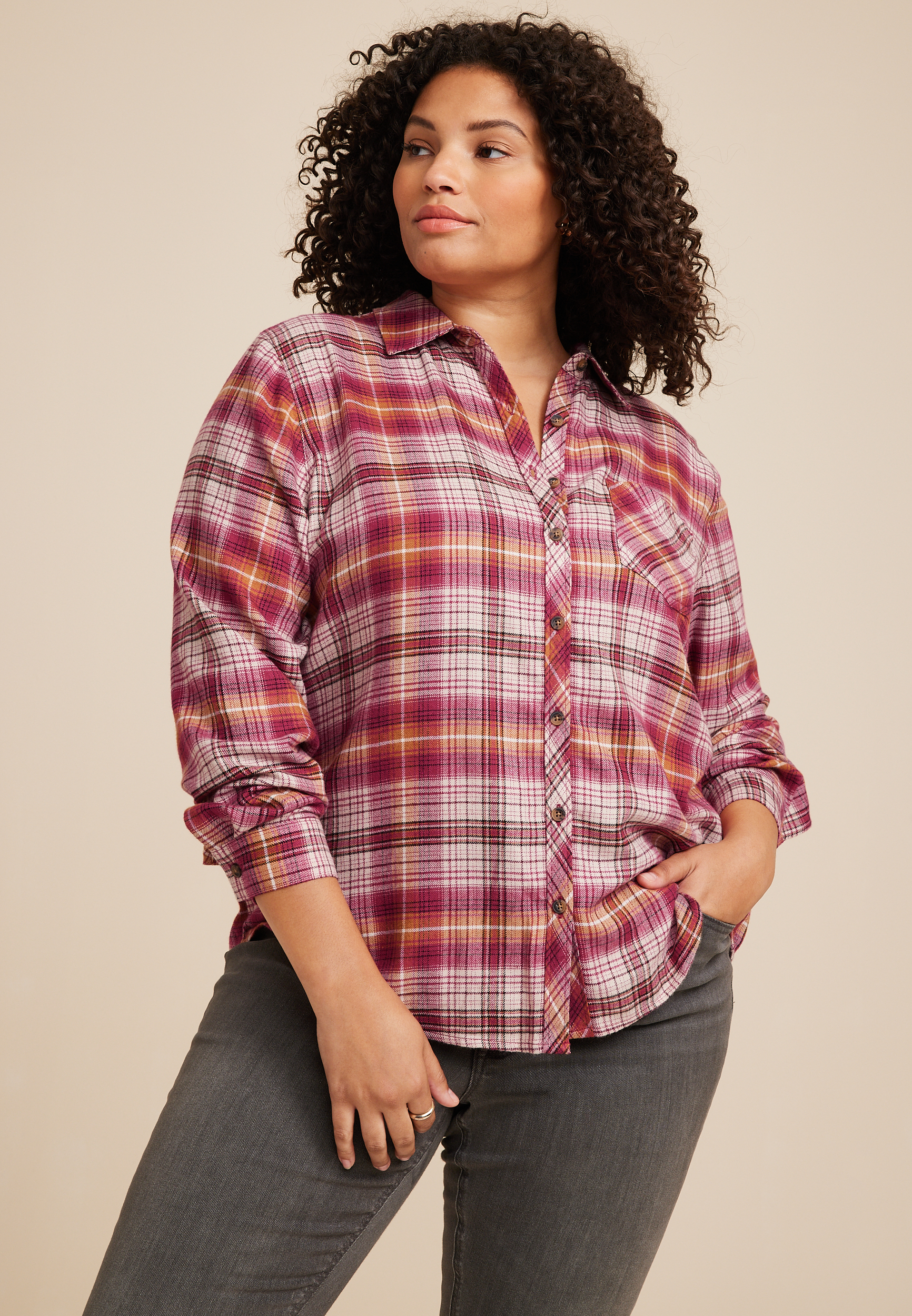 Plus Size Cabin Plaid Button Up Shirt | maurices