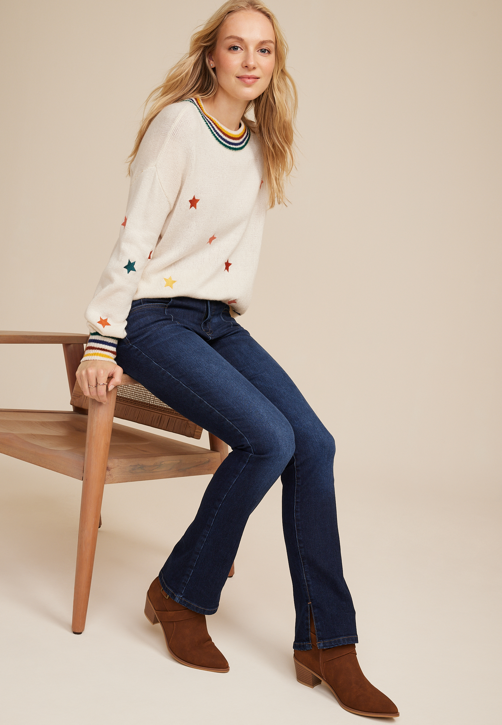 Everflex&trade;Slit Hem Mid Rise Slim Boot Jean, C258, large