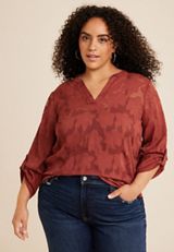 Plus Size Atwood Floral Jacquard 3/4 Sleeve Popover Blouse, C5550, small